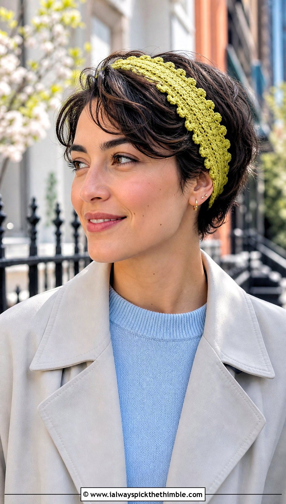 Picot Edge Crochet Headband With Trench Coat - 20 simple crochet head bands outfit ideas