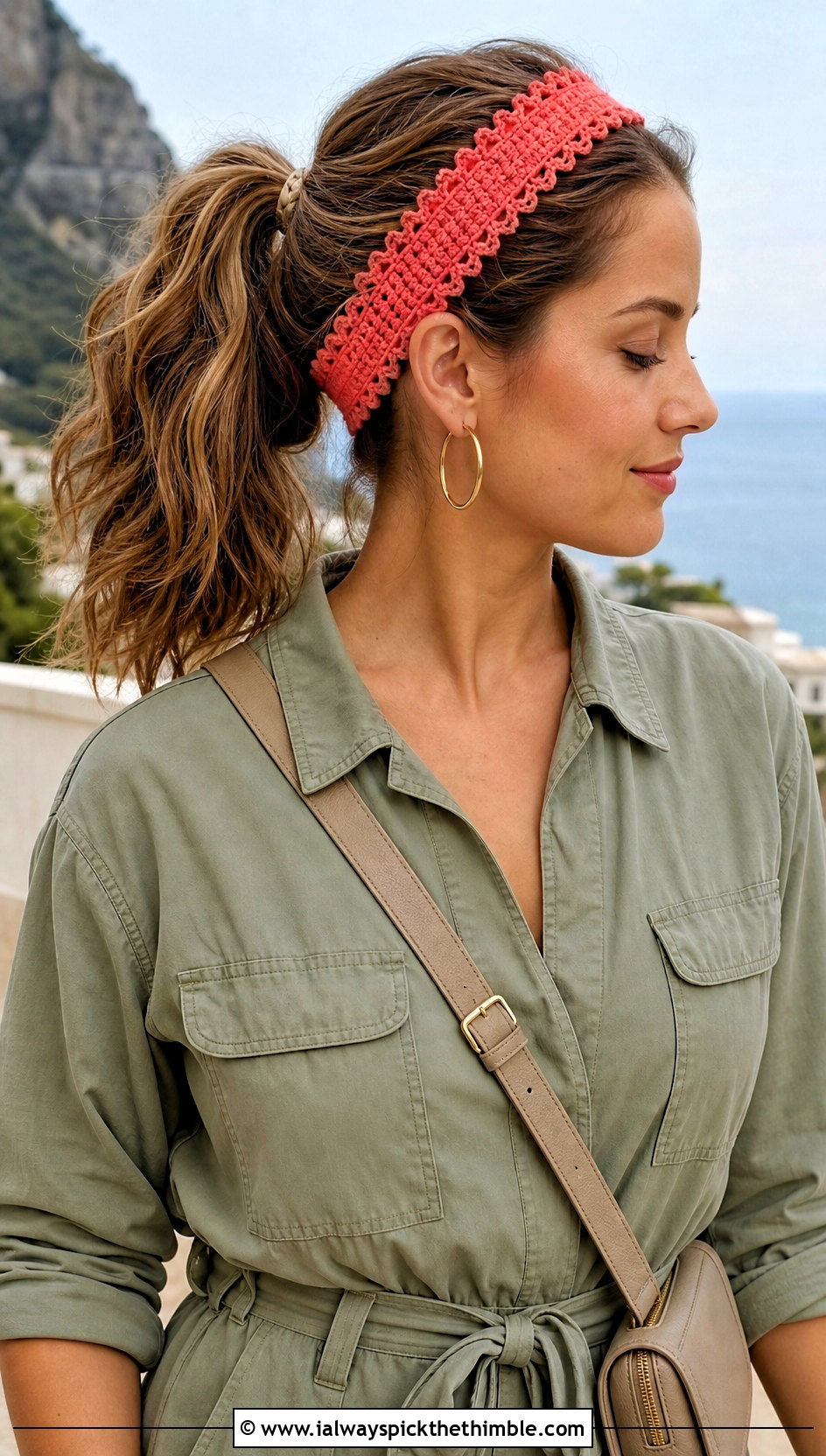 Picot Edge Crochet Headband With Utility Jumpsuit And Sneakers - 20 quick crochet headband outfit ideas