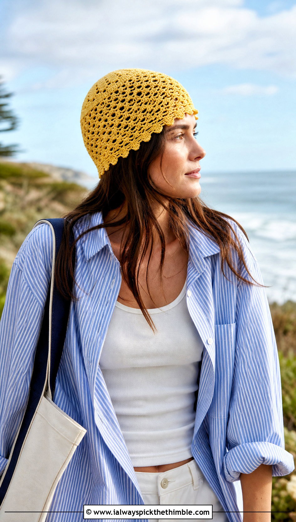 Picot Edge Crochet Lace Beanie With Striped Shirt - 20 crochet lace beanie outfit ideas