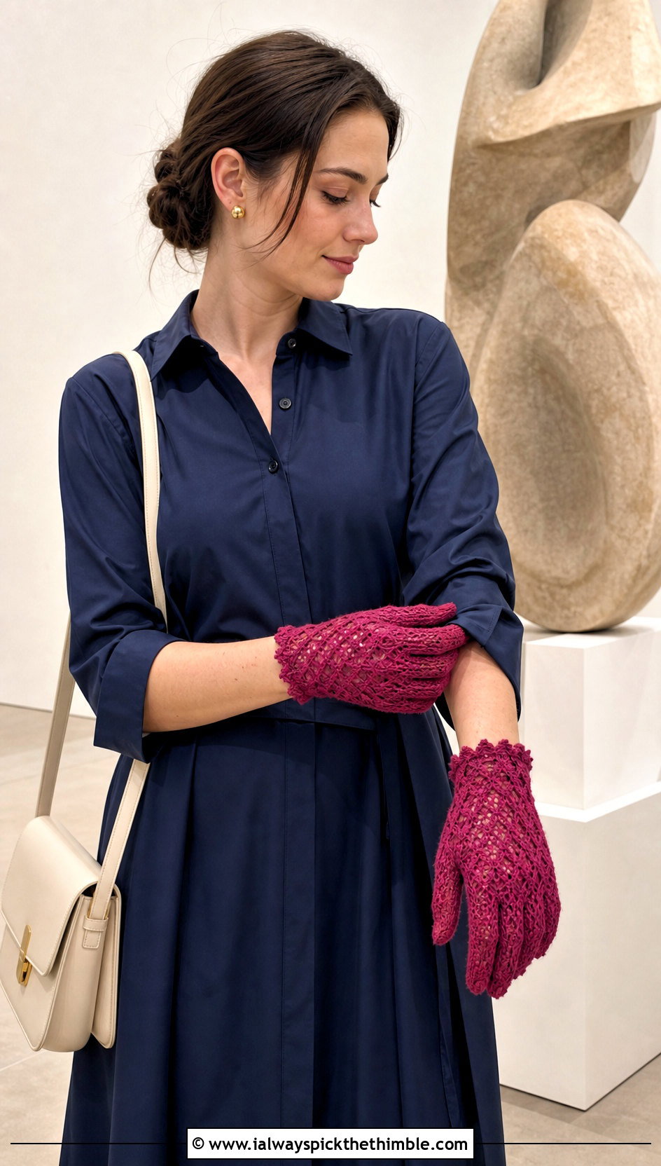 Picot Edge Crochet Lace Gloves With Shirt Dress - 20 lace crochet gloves outfit ideas