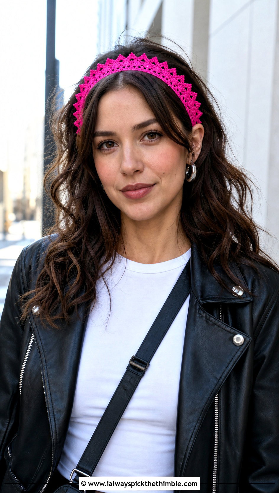 Picot Edge Crochet Lace Headband With Leather Jacket - 20 crochet lace headband outfit ideas