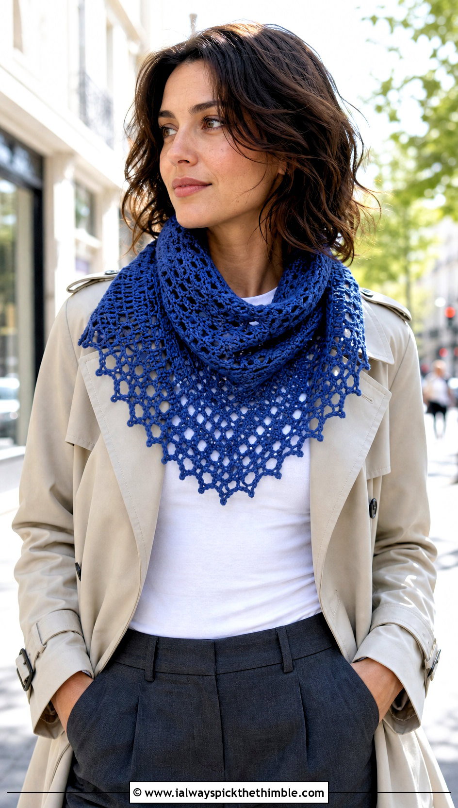 Picot Edge Crochet Lace Shawl With Trench Coat - 20 easy crochet lace shawl outfit ideas