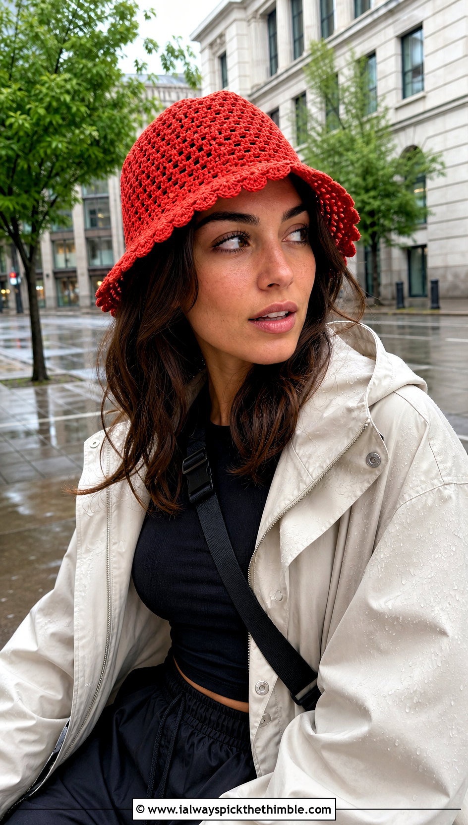 Picot Edge Crochet Mesh Bucket Hat With Rain Jacket - 20 crochet mesh bucket hat outfit ideas