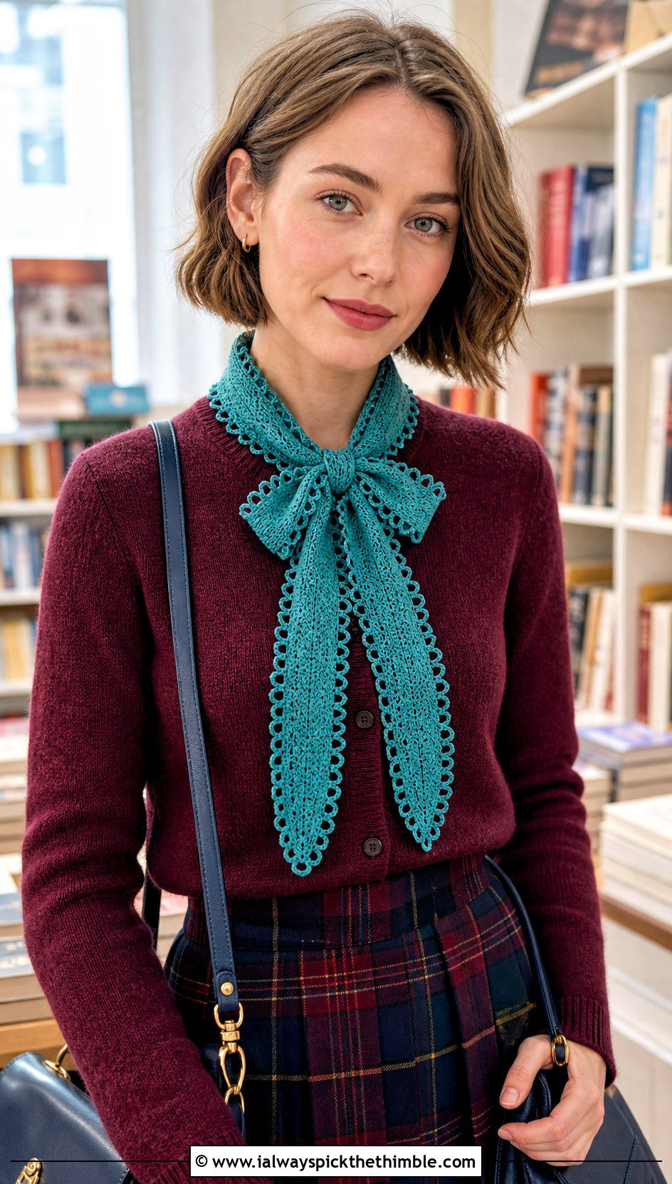 Picot Edge Crochet Ribbon Scarf With Cardigan And Plaid Skirt - 15 Crochet Ribbon Scarf outfit ideas