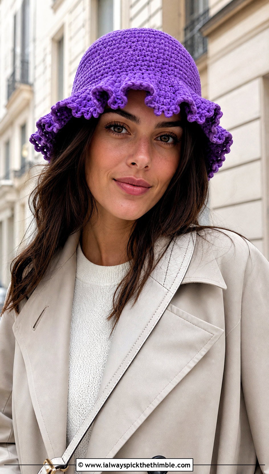 Picot Edge Crochet Ruffle Bucket Hat With Trench Coat - 25 crochet ruffle bucket hat outfit ideas