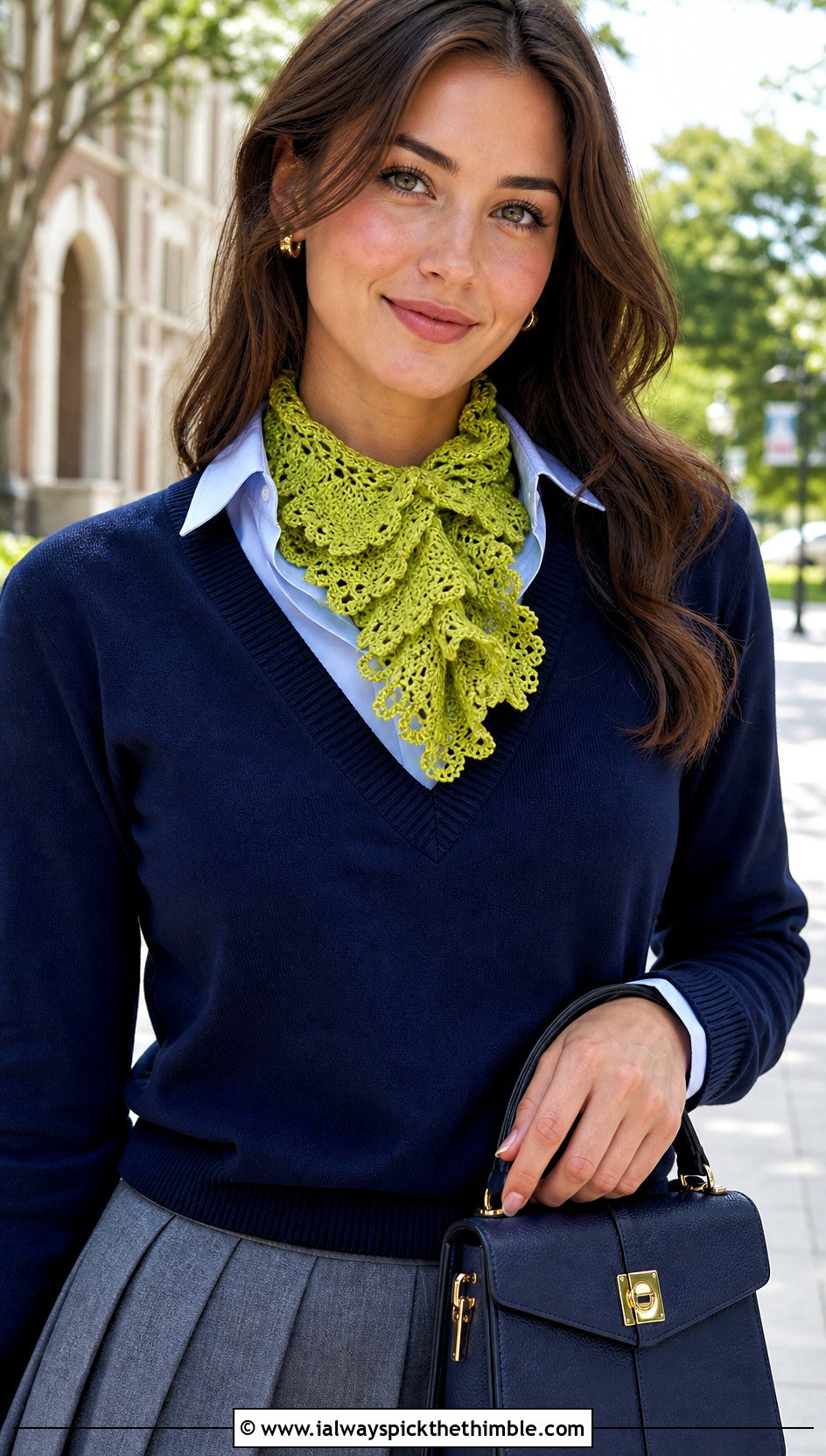 Picot Edge Crochet Ruffle Scarf With Preppy Sweater And Pleated Skirt - 20 crochet ruffle scarf outfit ideas