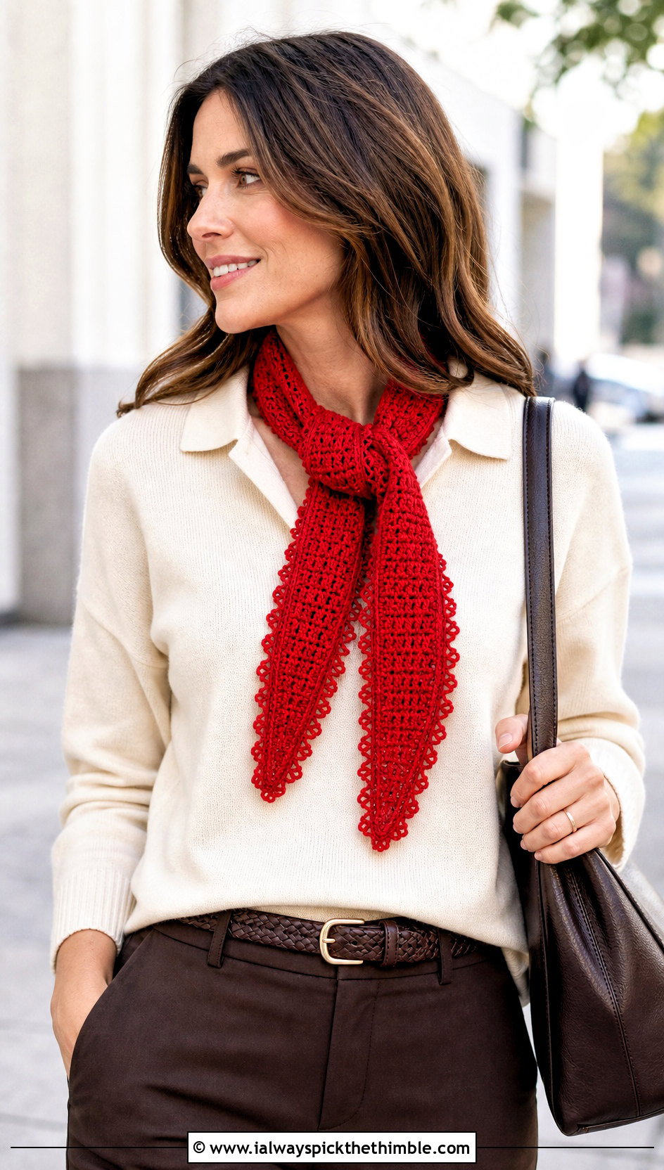 Picot Edge Crochet Scarf With Polo And Chinos - 25 small crochet scarf outfit ideas