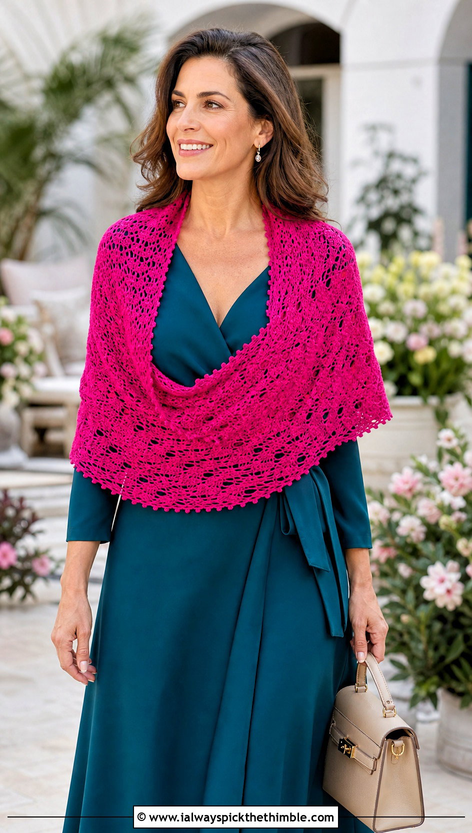 Picot Edge Crochet Semi Circle Shawl With Wrap Dress - 20 Crochet Semi Circle Shawl outfit ideas
