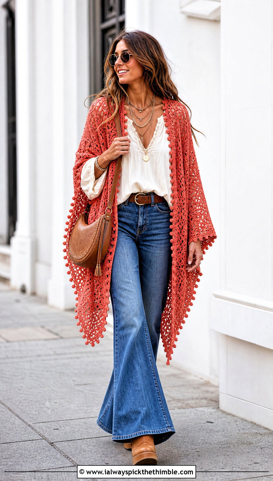 Picot Edge Crochet Shawl With Blouse And Flared Jeans - 20 Stevie Nicks Crochet Shawl outfit ideas