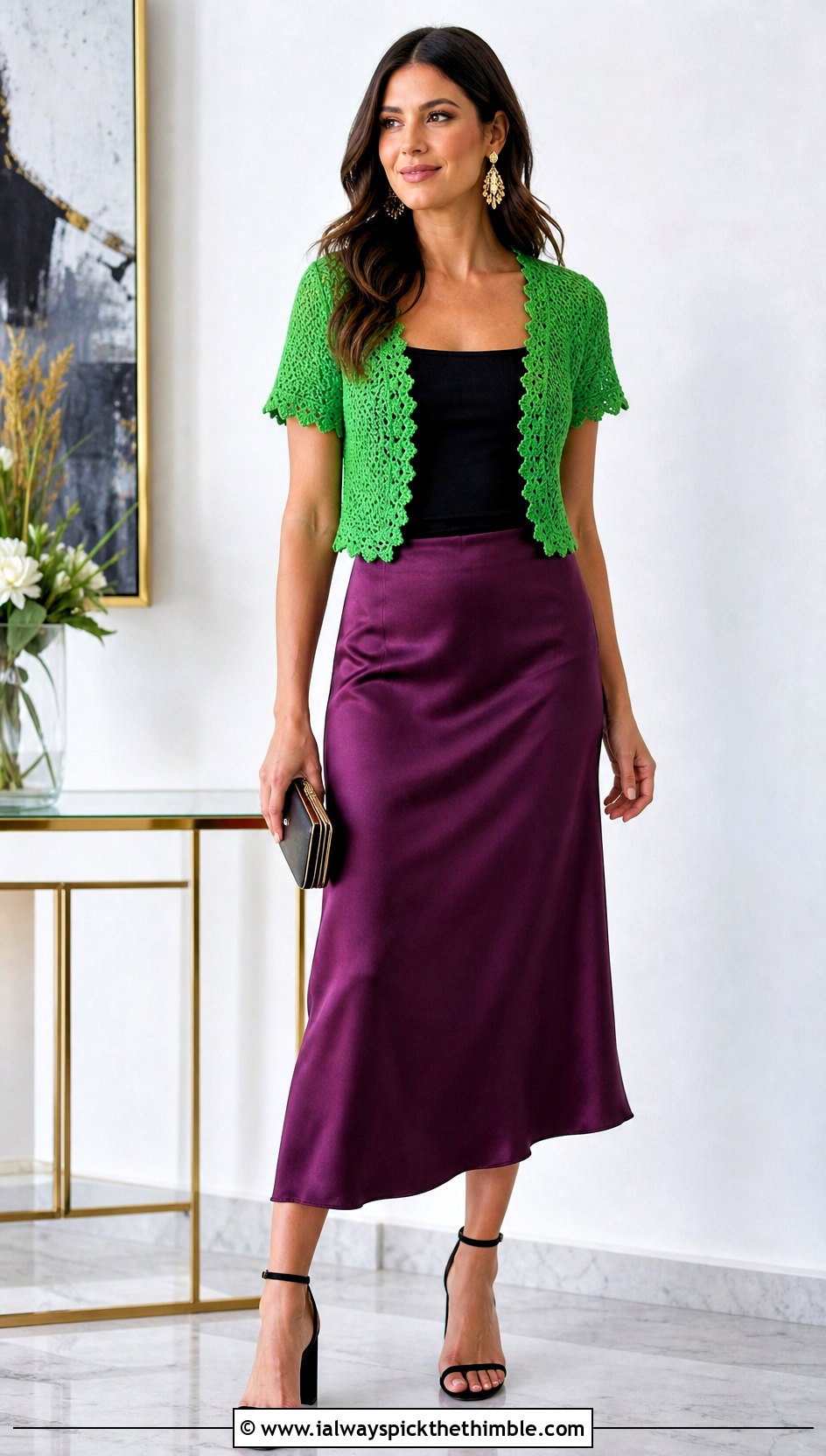 Picot Edge Crochet Short Sleeve Shrug With Satin Skirt - 20 crochet short sleeve shrug outfit ideas