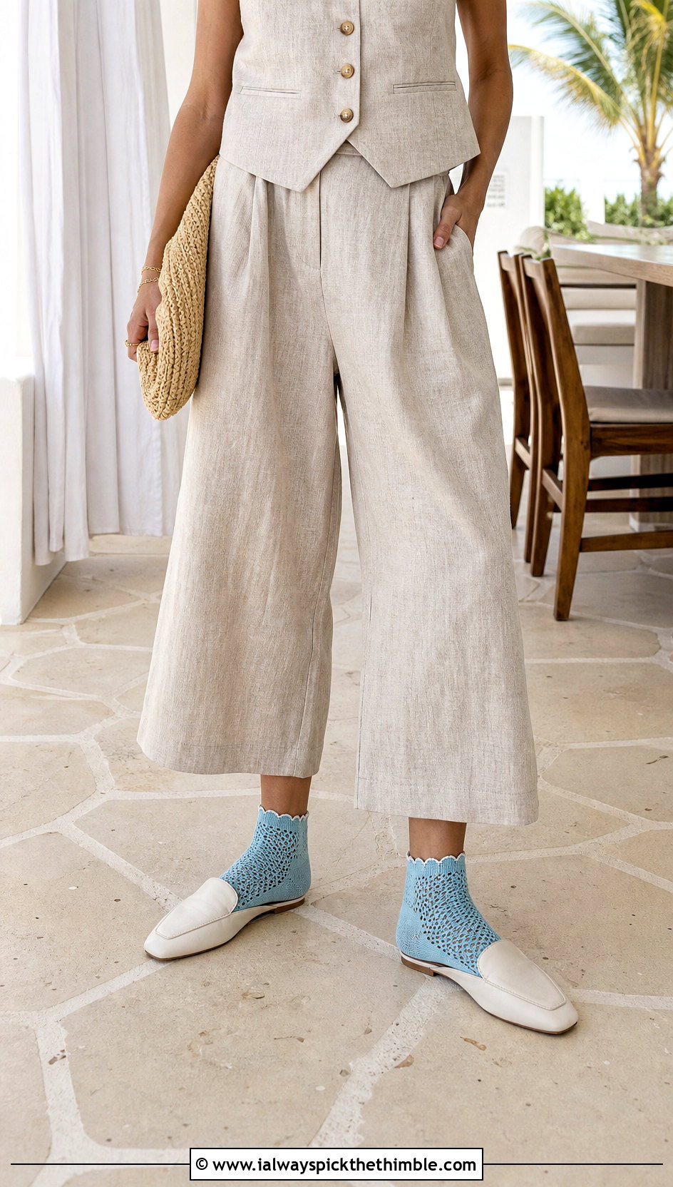 Picot Edge Crochet Socks With Linen Pants And Mules - 25 crochet socks outfit ideas