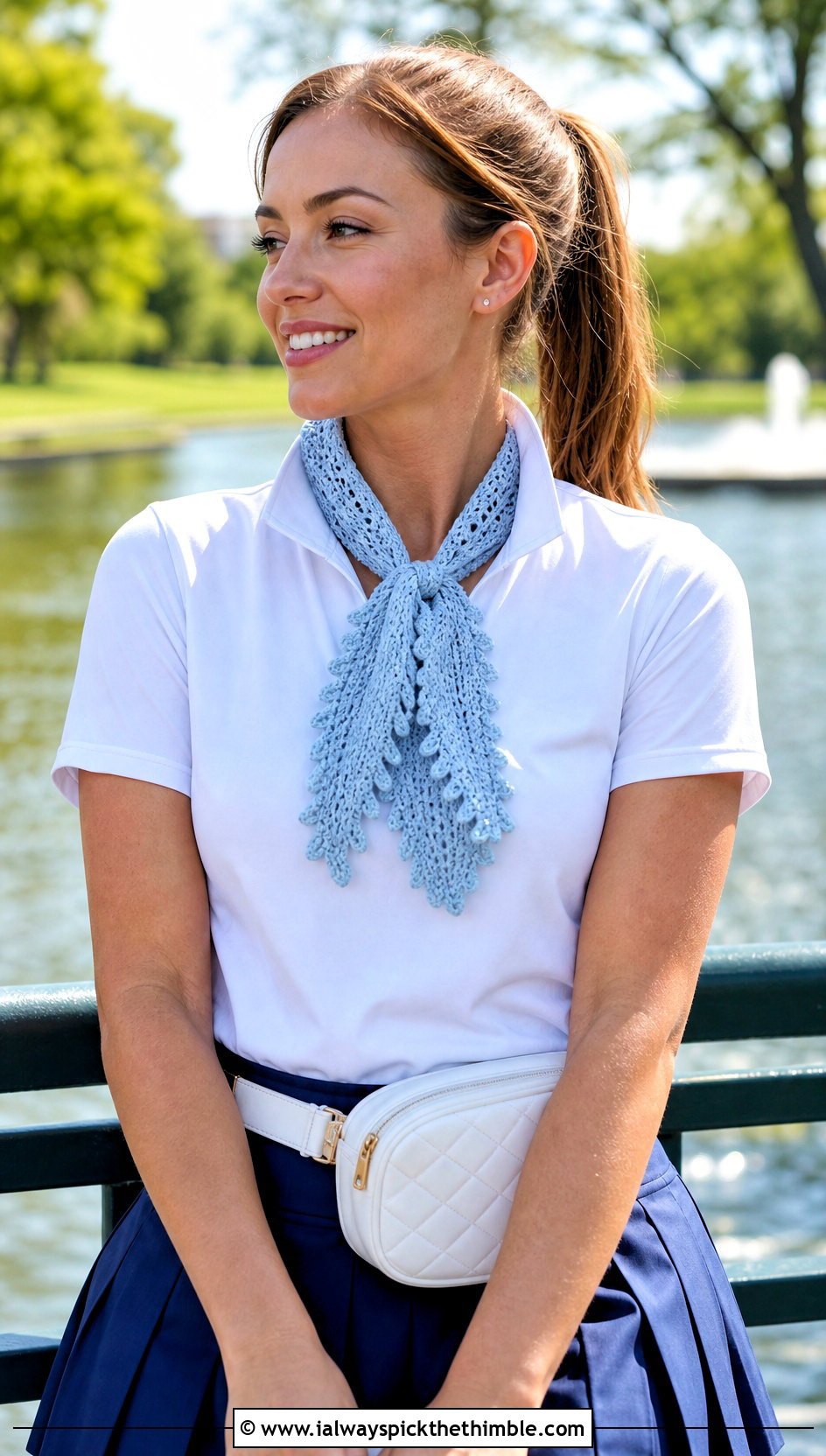 Picot Edge Crochet Sophie Scarf With Polo Shirt And Tennis Skirt - 25 crochet sophie scarf outfit ideas