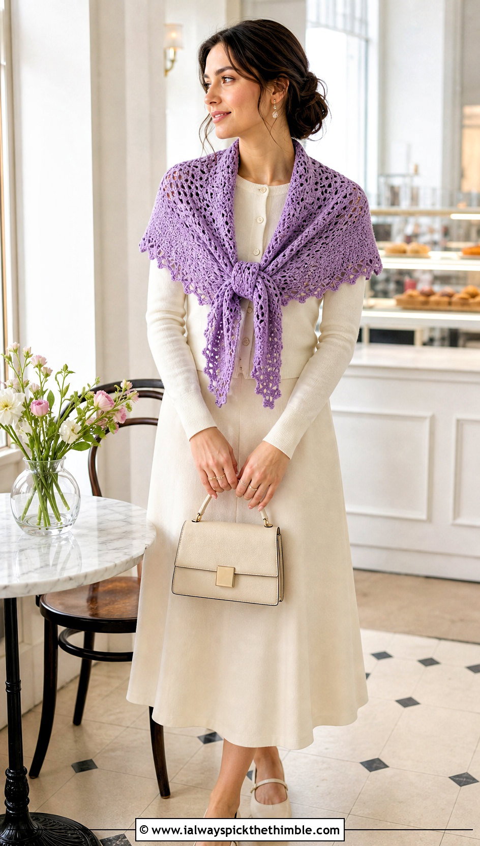 Picot Edge Crochet Triangle Shawl With Cardigan And Midi Skirt - 25 crochet triangle shawl outfit ideas