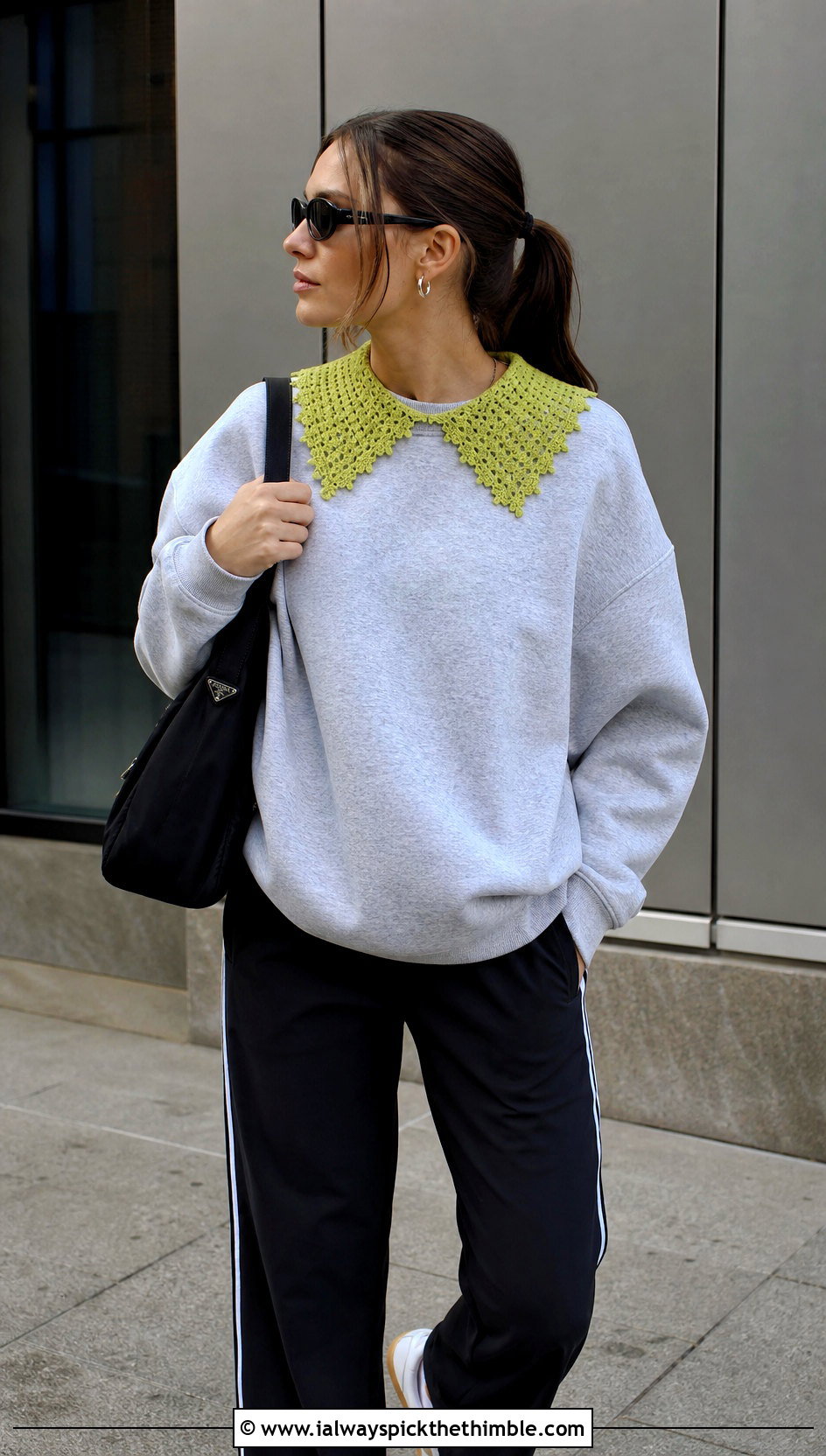 Picot Edge Crocheted Collar With Sweatshirt And Track Pants - 15 Crocheted Collars outfit ideas