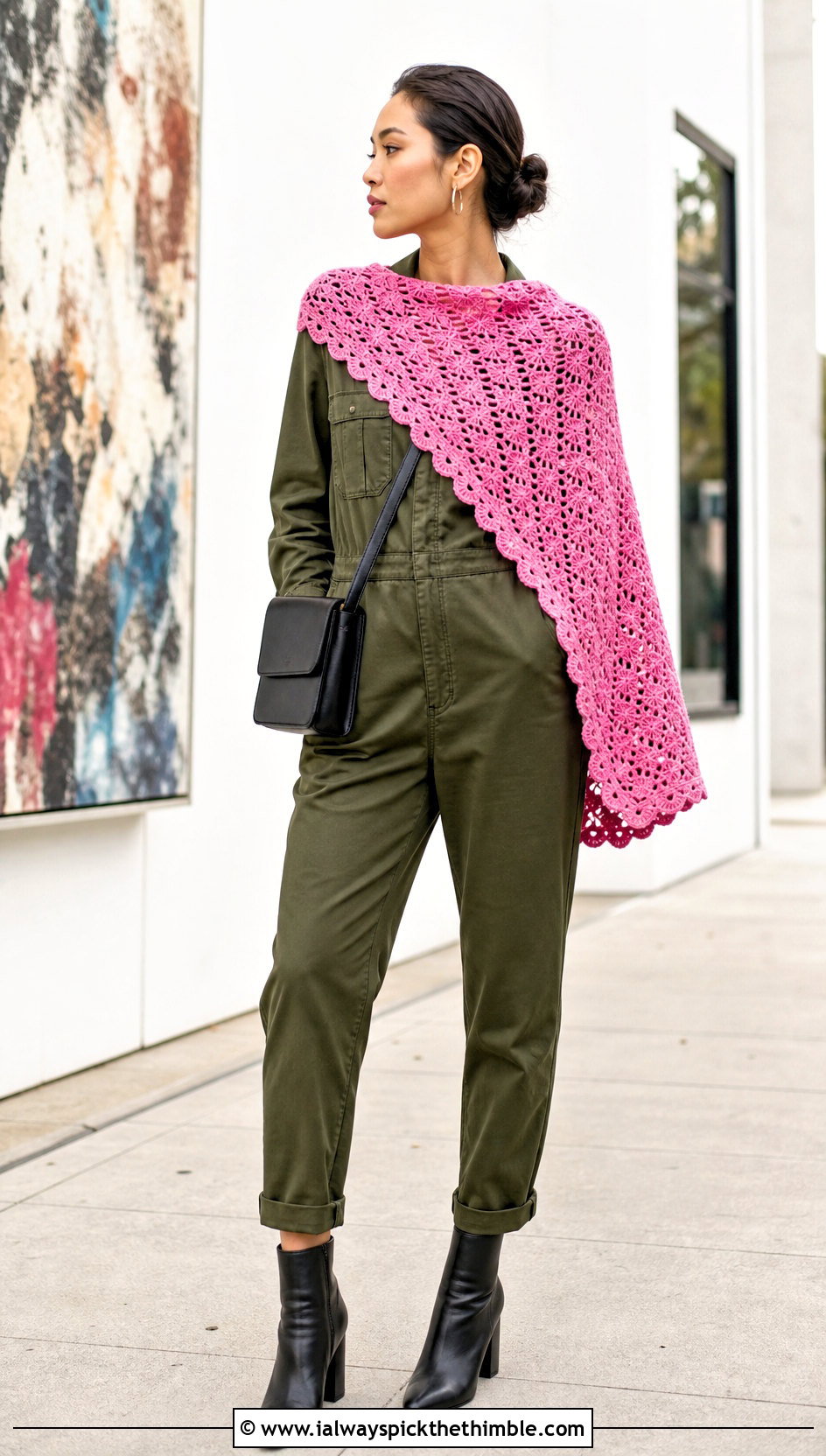 Picot Edge Fan Stitch Shawl With Utility Jumpsuit - 20 Crochet Fan Stitch Shawl outfit ideas