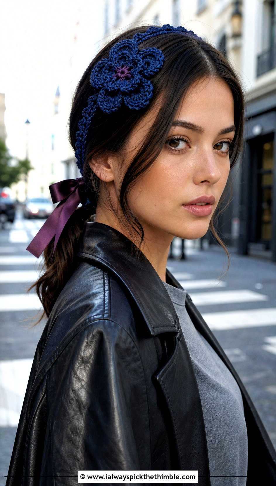 Picot Edge Flower Bow Crochet Headband With Leather Jacket - 15 crochet headband with flower and ribbon outfit ideas