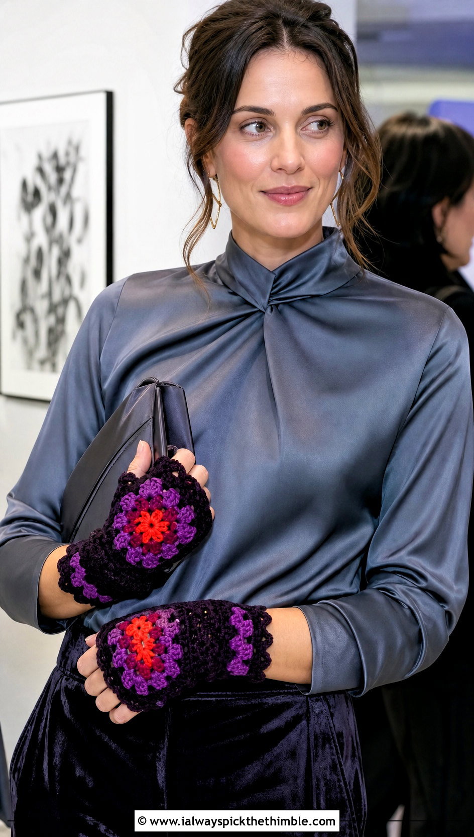 Picot Edge Granny Square Fingerless Gloves With Evening Separates - 25 granny square fingerless gloves outfit ideas