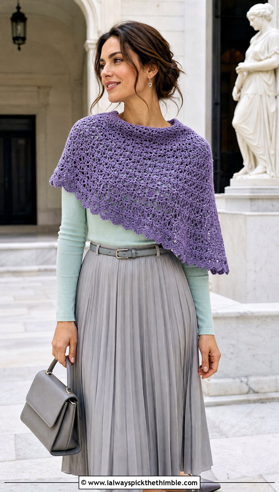 Picot Edge Half Circle Crochet Shawl With Pleated Skirt - 15 Half Circle Crochet Shawl outfit ideas