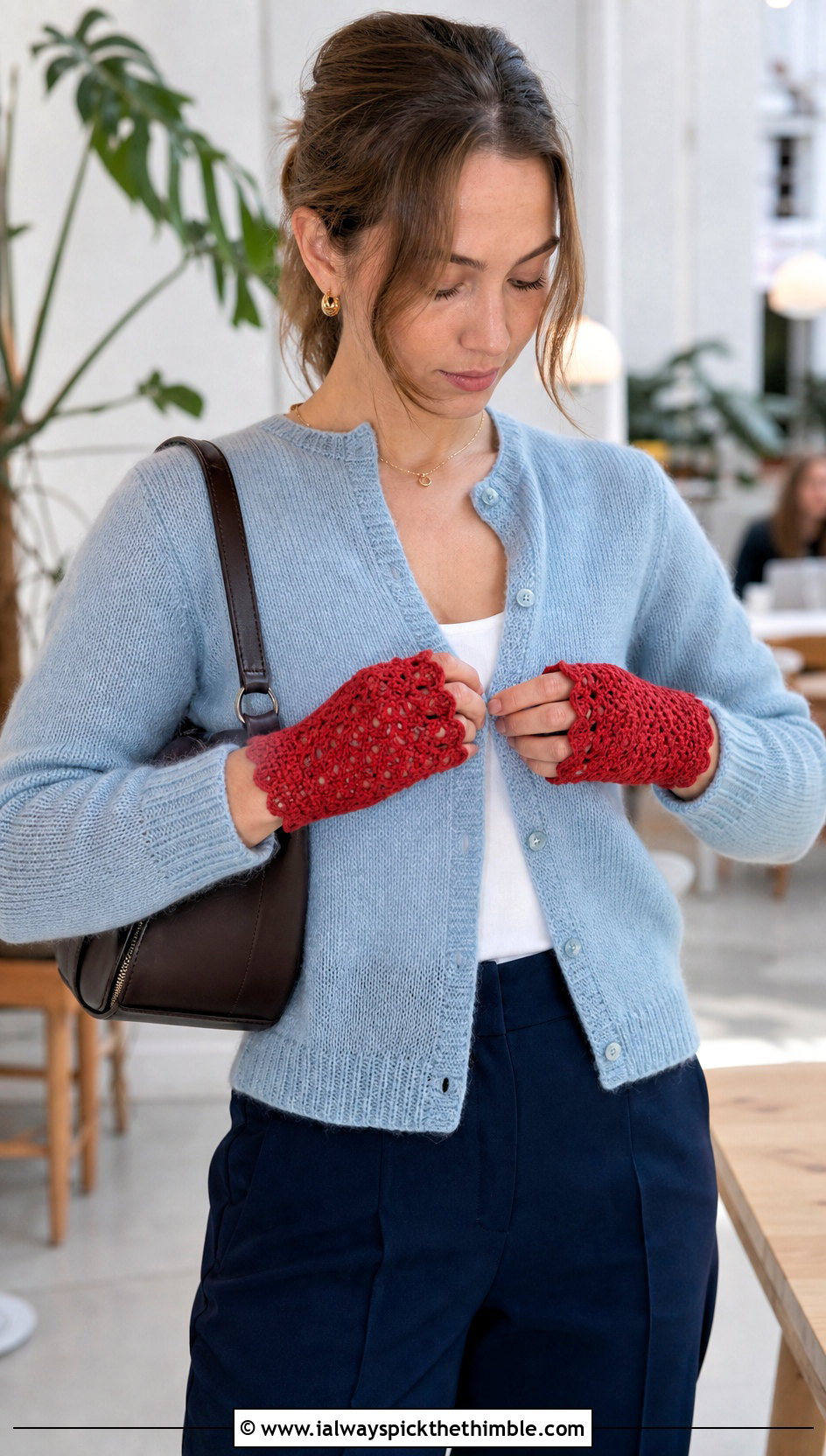 Picot Edge Half Finger Gloves With Cardigan And Trousers - 20 crochet half finger gloves outfit ideas