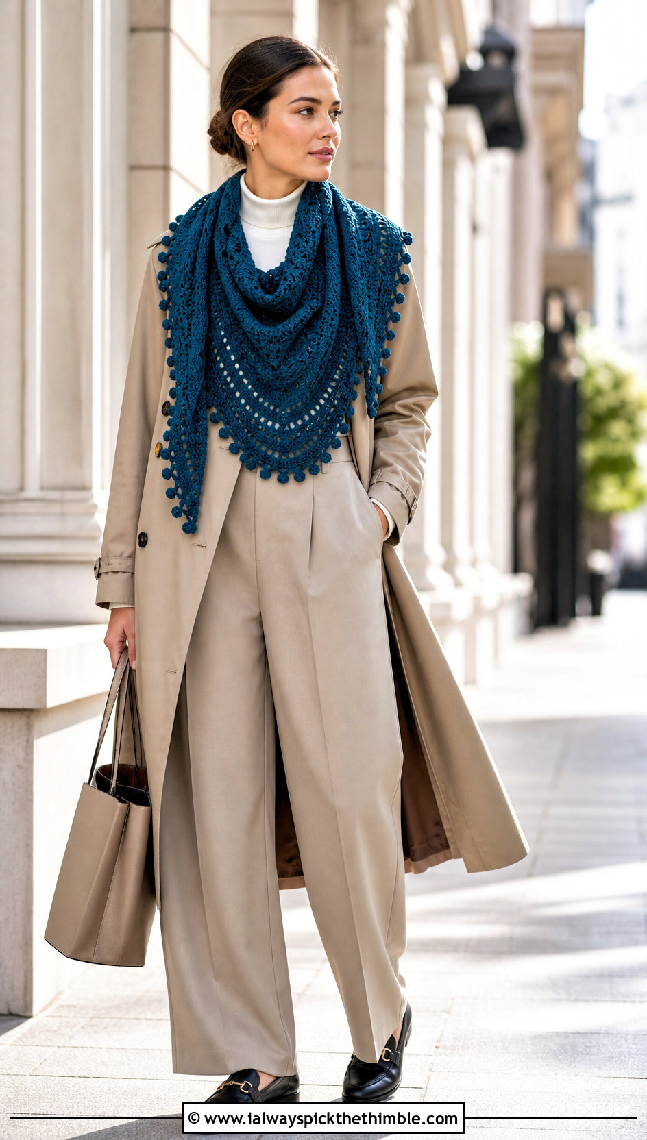 Picot Edge Half Moon Crochet Shawl With Trench Coat - 20 Half Moon Crochet Shawl outfit ideas