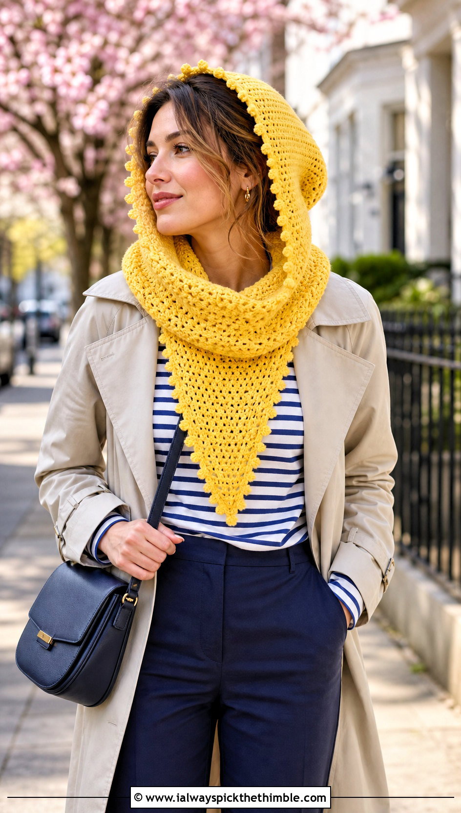 Picot Edge Hooded Triangle Crochet Scarf With Trench Coat - 20 Hooded Triangle Crochet Scarf outfit ideas