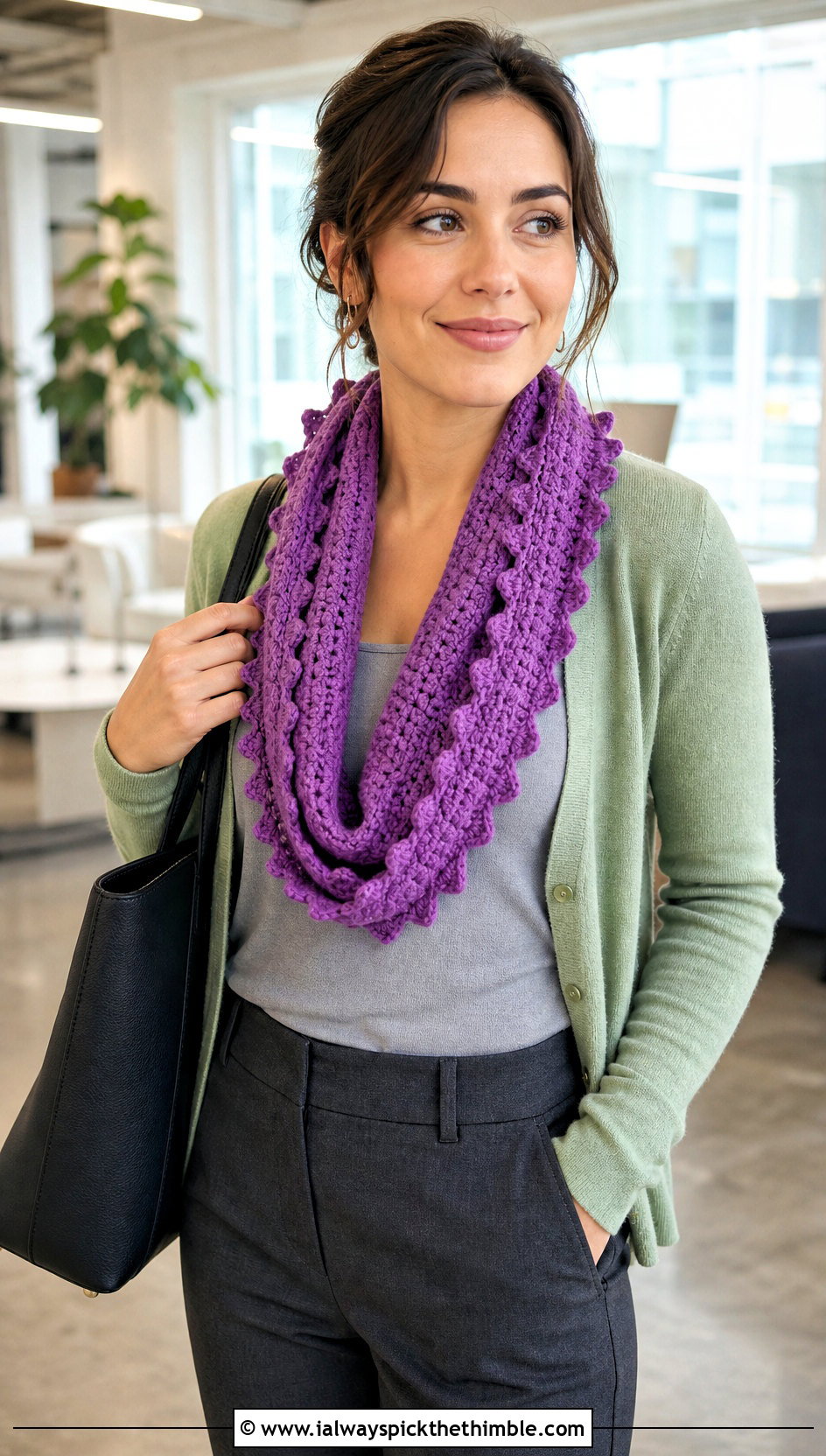 Picot Edge Infinity Scarf With Cardigan And Trousers - 20 Lacy Crochet Infinity Scarf outfit ideas
