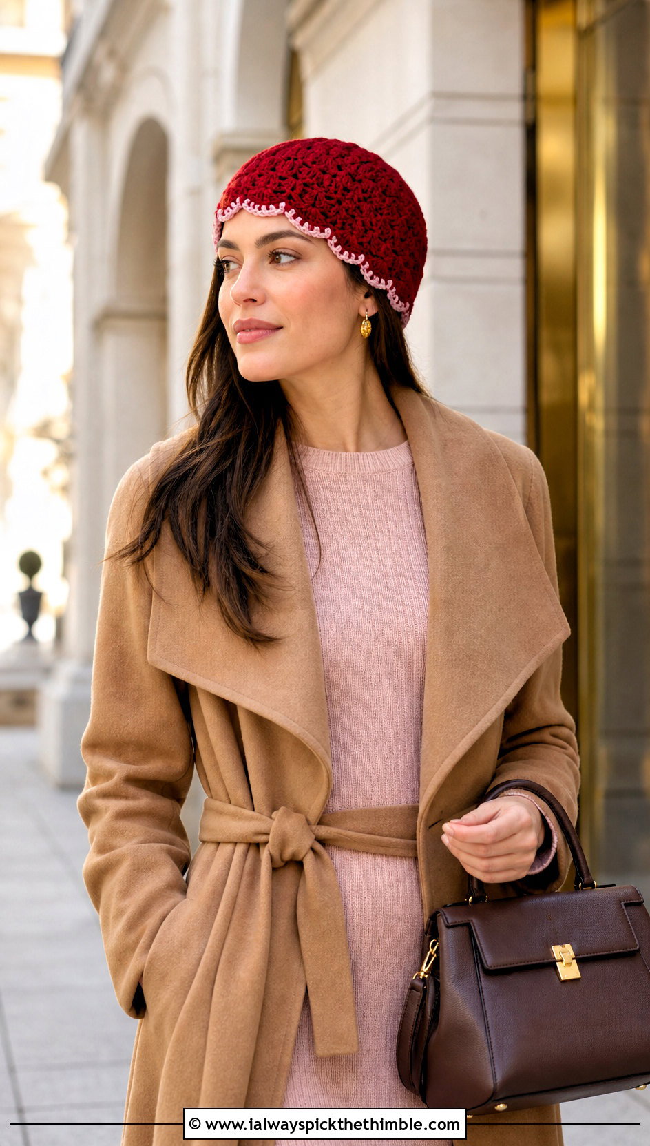 Picot Edge Lightweight Crochet Beanie With Wrap Coat And Midi Dress - 15 Lightweight Crochet Beanie outfit ideas