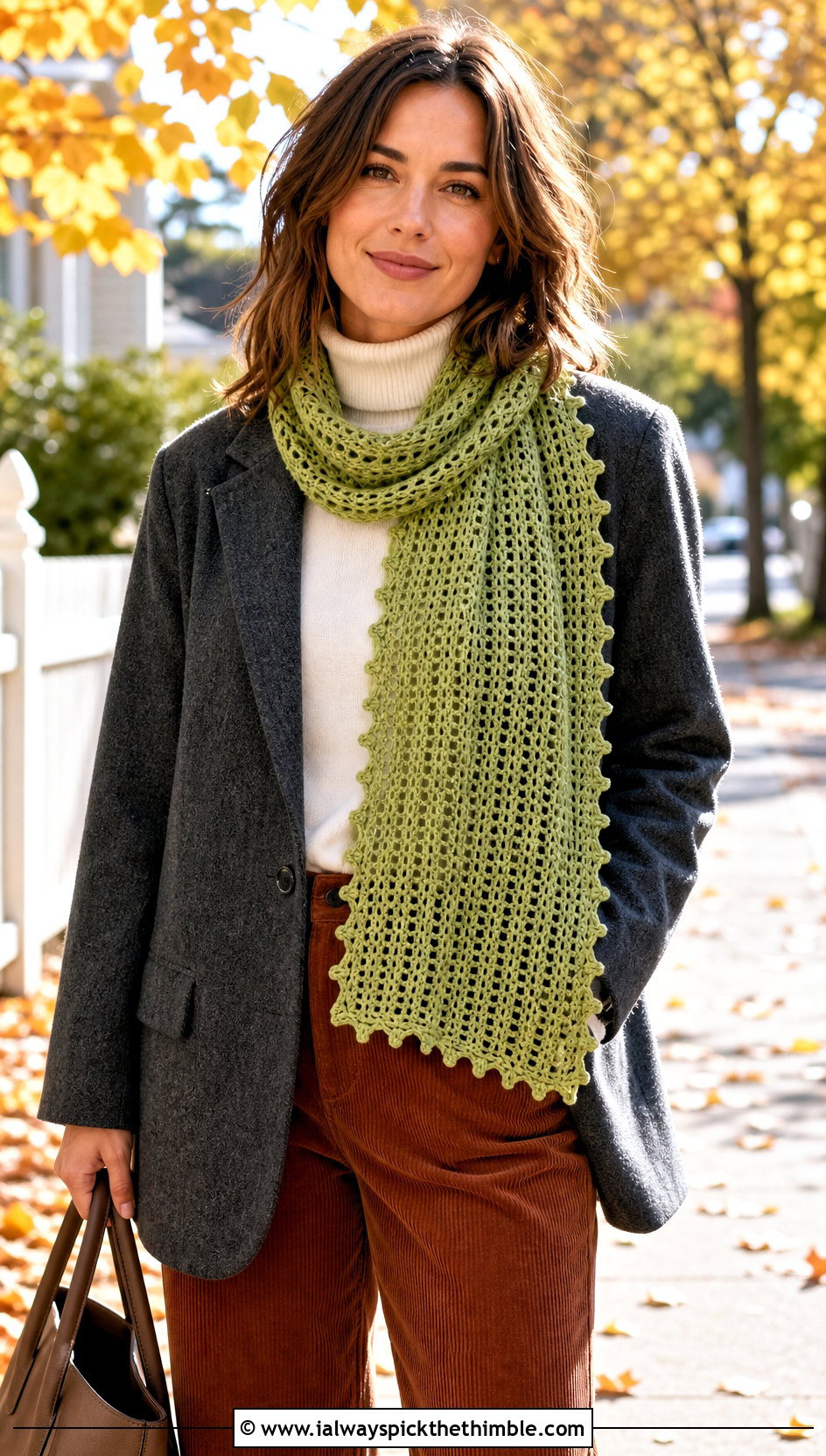 Picot Edge Mesh Crochet Scarf With Sweater Coat And Boots - 20 Mesh Crochet Scarf outfit ideas