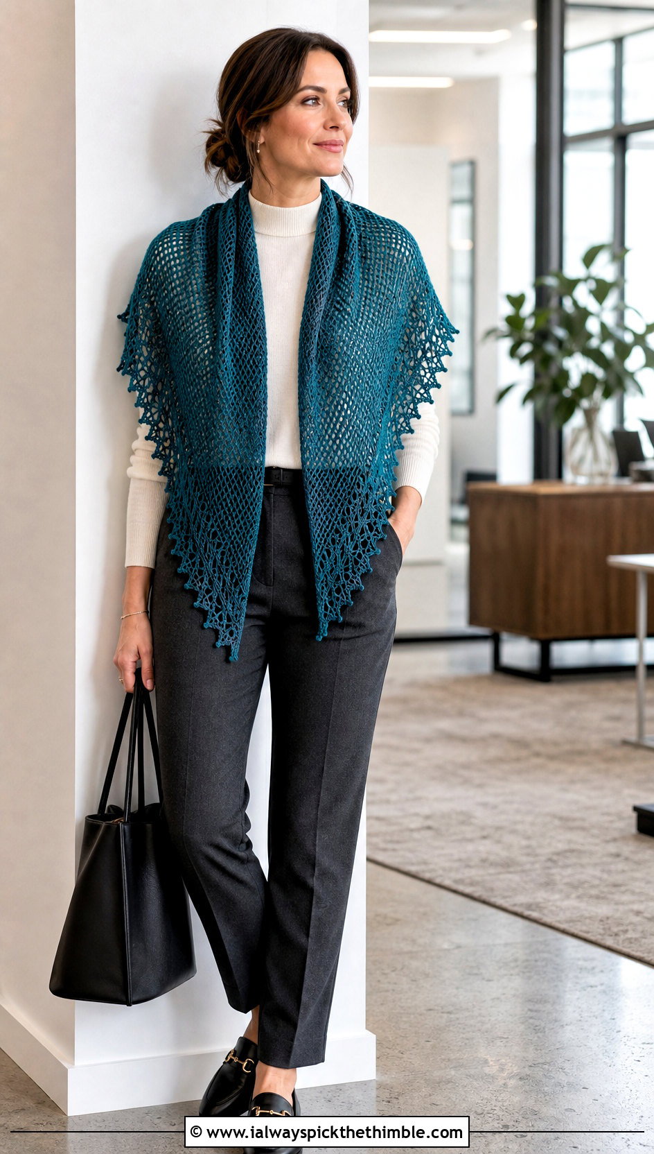 Picot Edge Mesh Triangle Shawl With Tailored Trousers - 20 Crochet Mesh Triangle Shawl outfit ideas