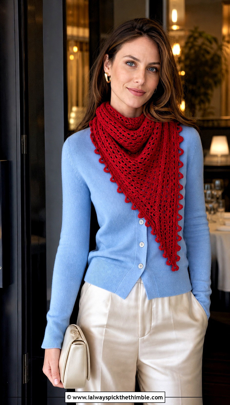 Picot Edge One Skein Triangle Crochet Scarf With Satin Pants - 15 One Skein Triangle Crochet Scarf outfit ideas