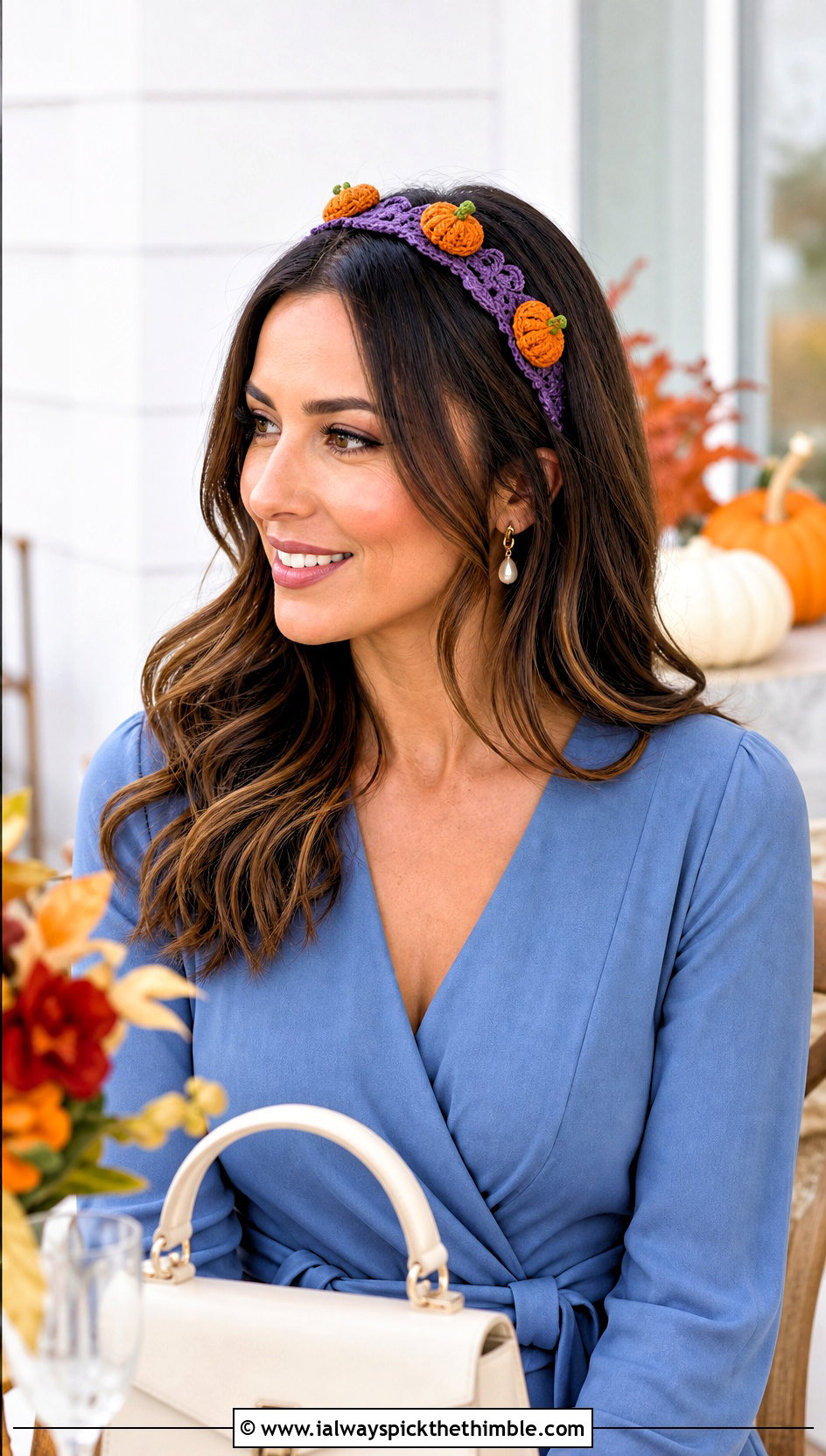 Picot Edge Pumpkin Headband With Wrap Dress - 25 crochet pumpkin headband outfit ideas