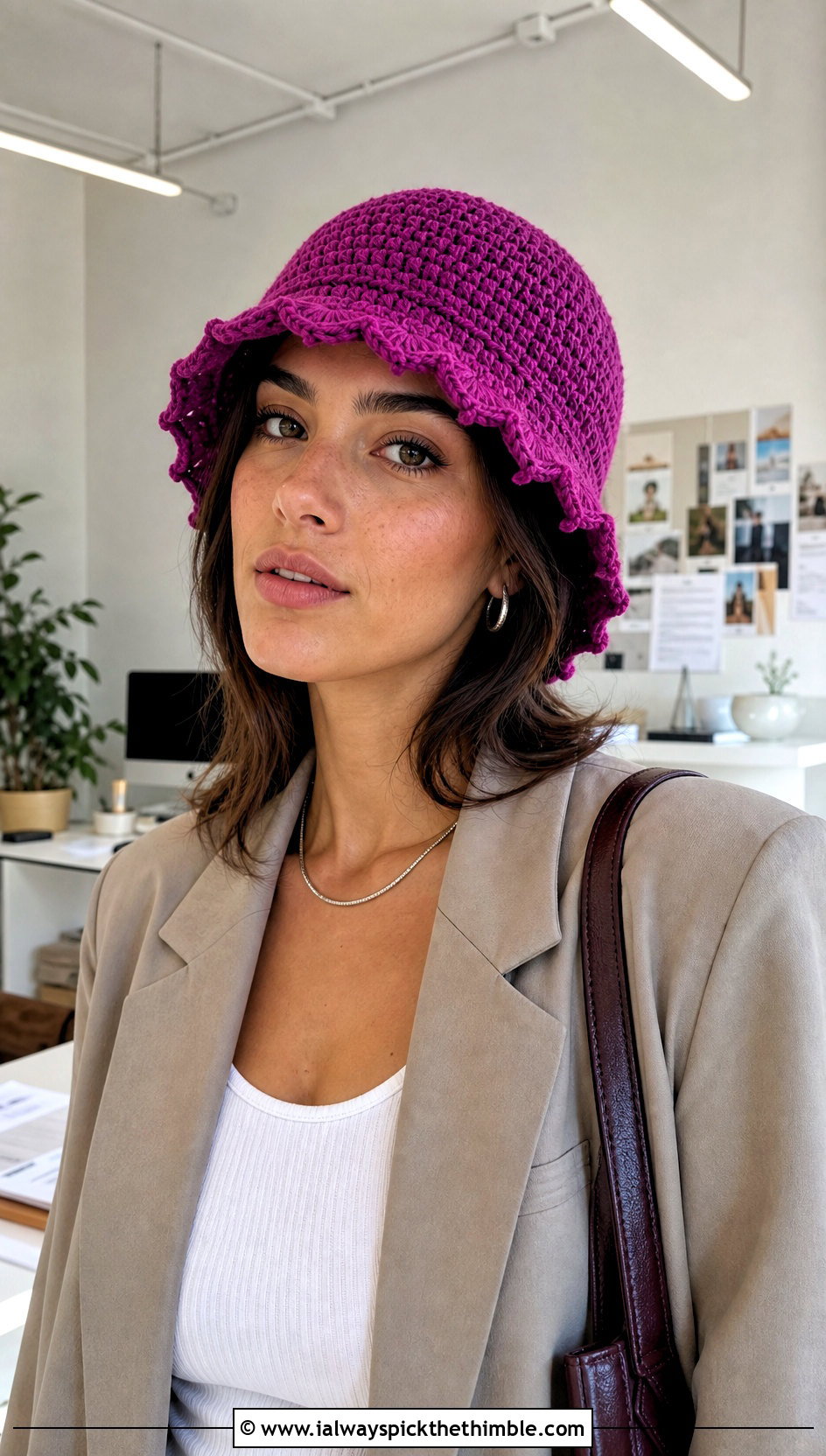 Picot Edge Purple Crochet Bucket Hat With Blazer And Trousers - 20 purple crochet bucket hat outfit ideas