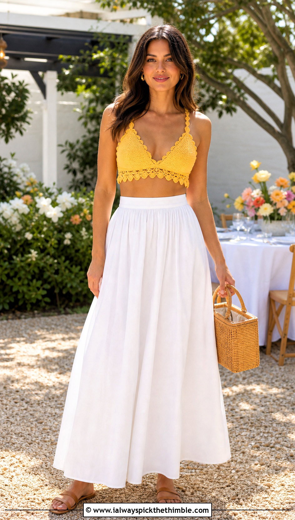 Picot Edge Shell Bra With Poplin Maxi Skirt - 20 crochet shell bra outfit ideas