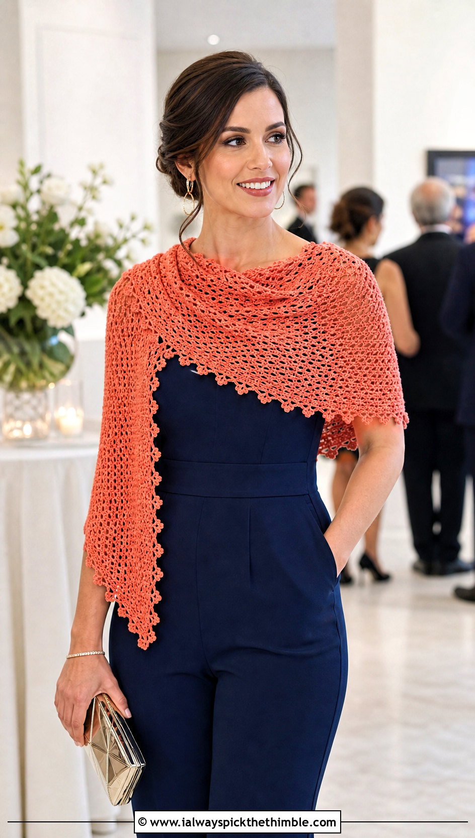 Picot Edge Sideways Crochet Shawl With Tailored Jumpsuit - 20 Sideways Crochet Shawl outfit ideas