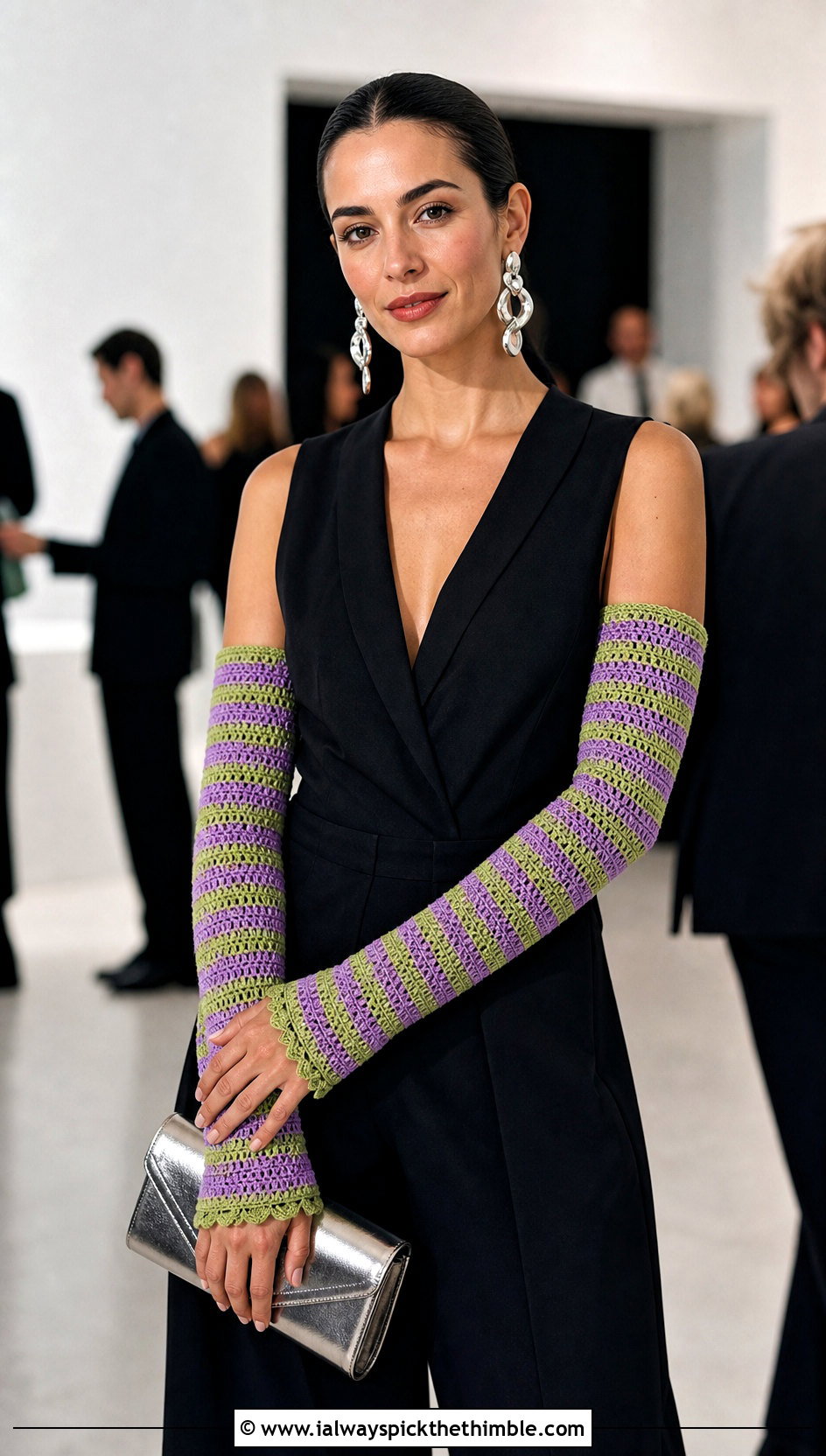 Picot Edge Striped Crochet Arm Warmers With Jumpsuit - 15 Striped Crochet Arm Warmers outfit ideas