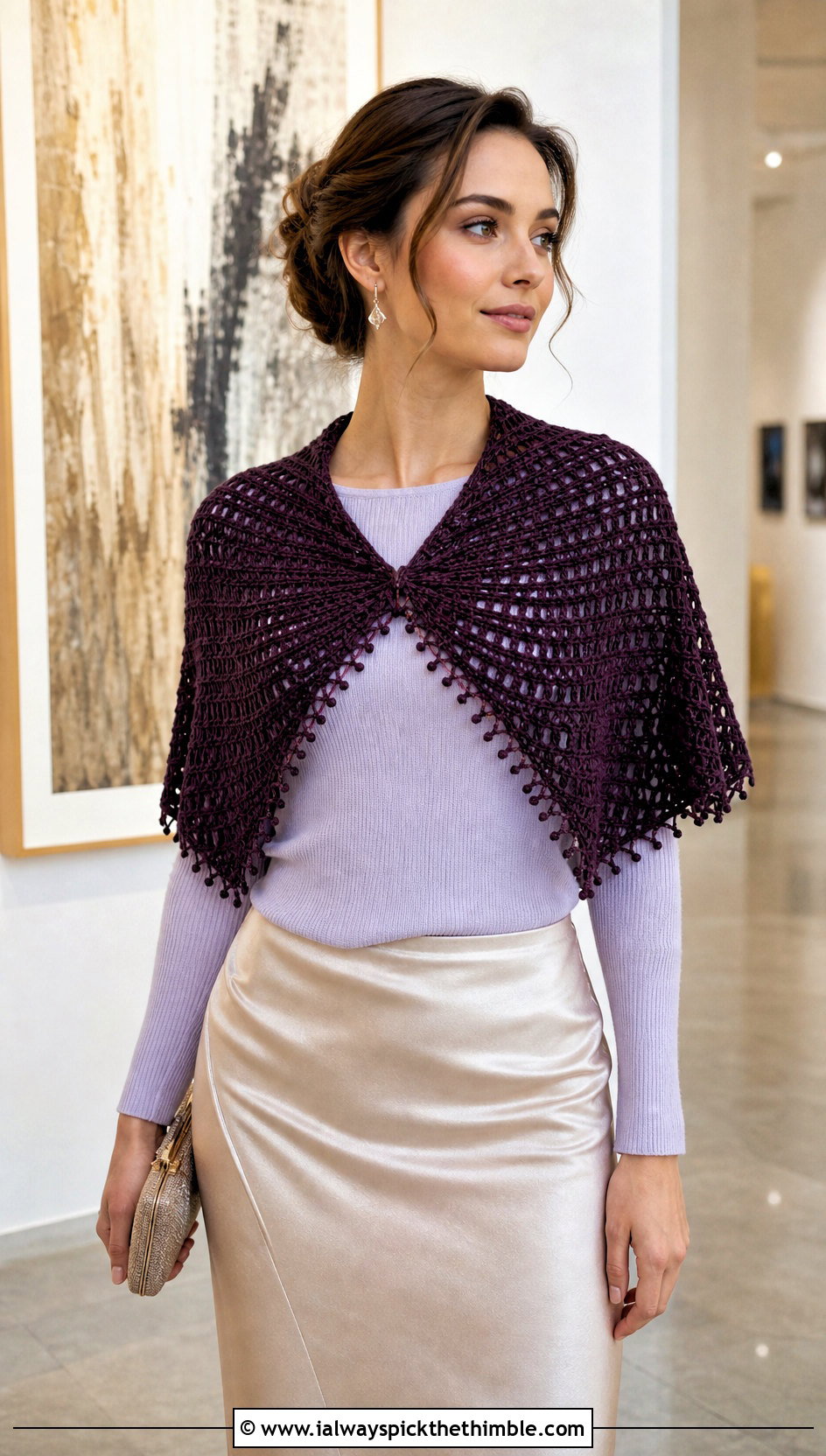 Picot Edge Triangle Crochet Shawl With Satin Skirt And Knit Top - 15 Beginner Triangle Crochet Shawl outfit ideas