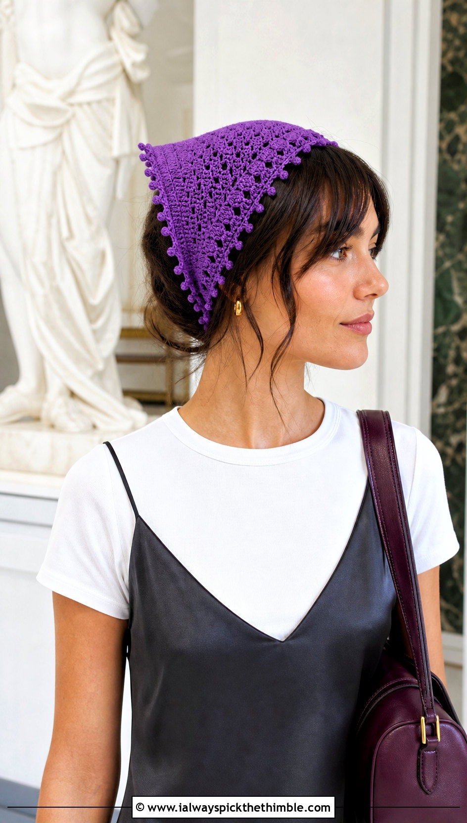 Picot Edge Triangle Headband With Slip Dress And Loafers - 20 crochet triangle headband outfit ideas