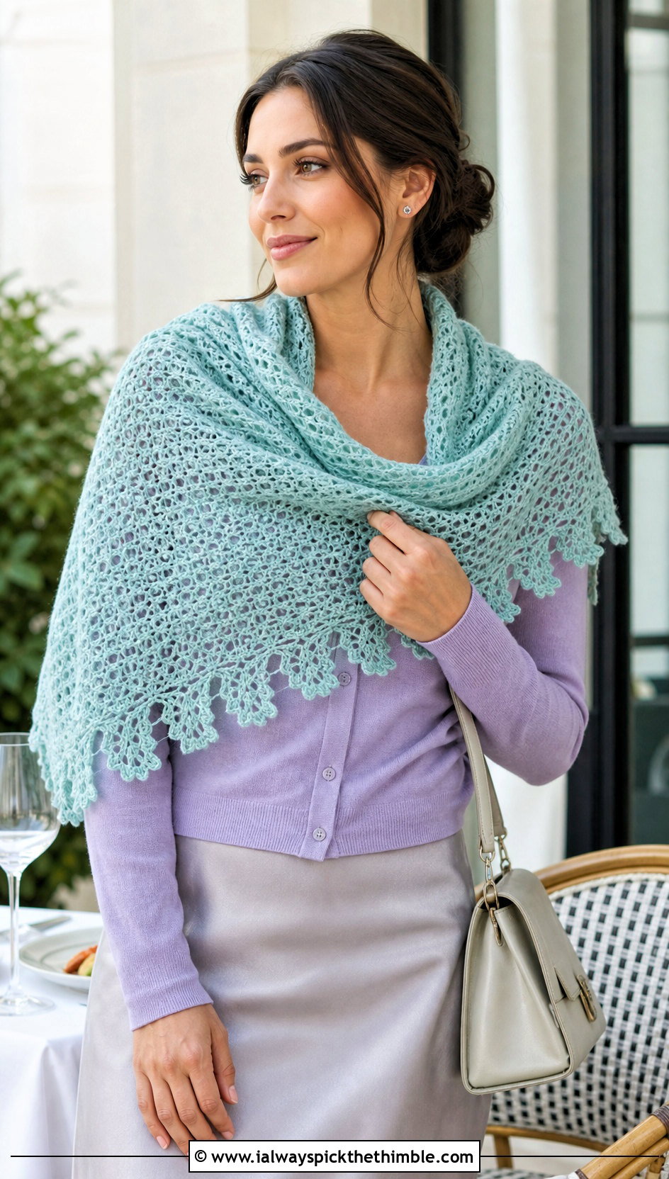 Picot Edge Triangle Shawl With Cardigan And Satin Skirt - 20 Crochet Lacy Triangle Shawl outfit ideas