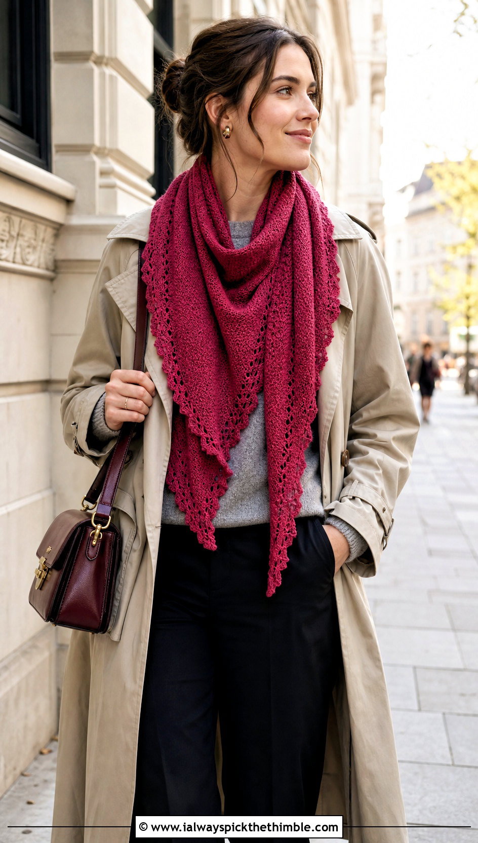 Picot Edge Triangle Shawl With Trench Coat And Loafers - 25 lacy crochet shawl outfit ideas