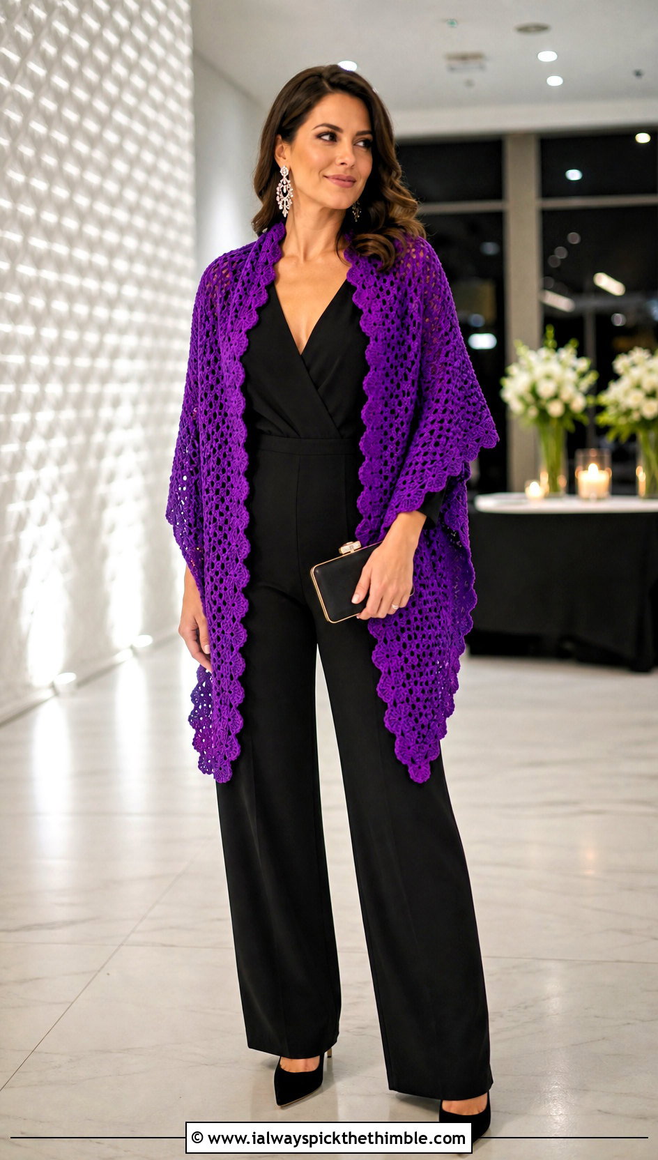 Picot Edge V Stitch Crochet Shawl With Tailored Jumpsuit - 20 V Stitch Crochet Shawl outfit ideas