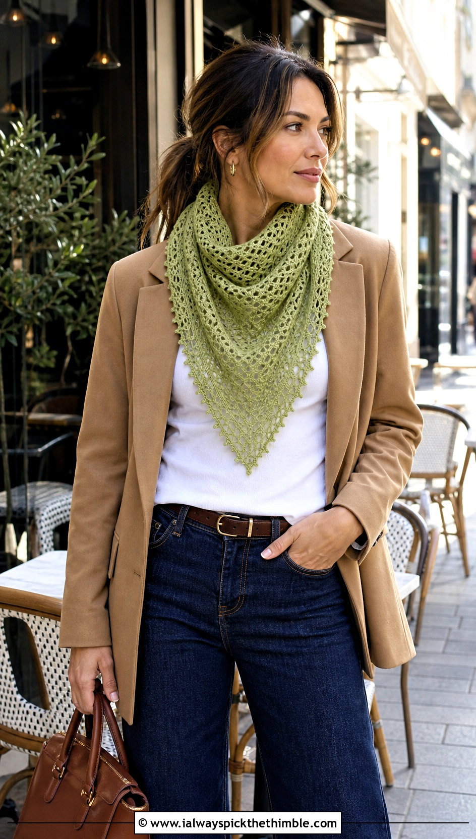 Picot Edge Virus Shawl With Blazer And Jeans - 15 crochet virus shawls outfit ideas