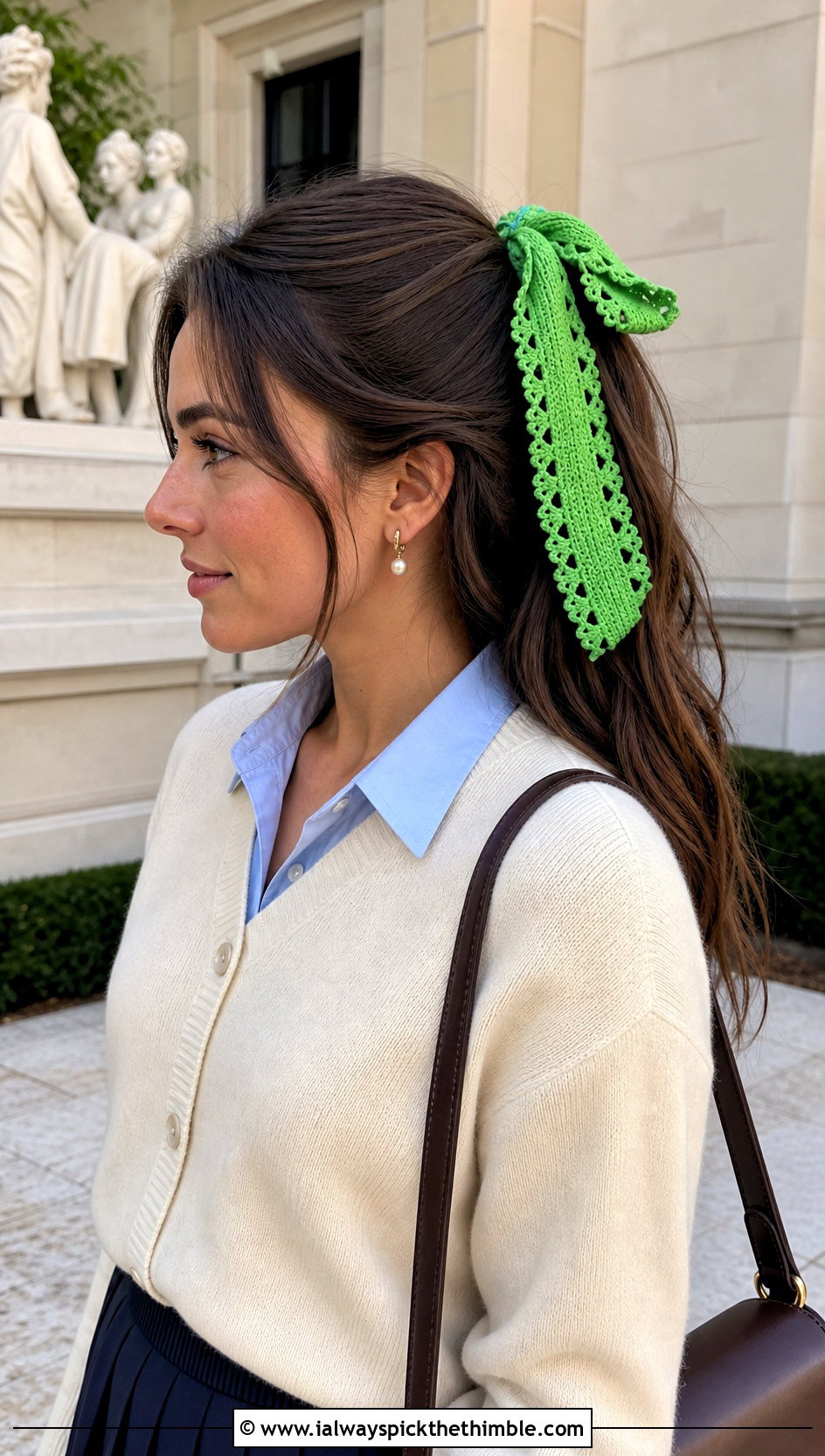 Picot Trim Crochet Hair Tie Scarf With Preppy Cardigan - 20 crochet hair tie scarf outfit ideas