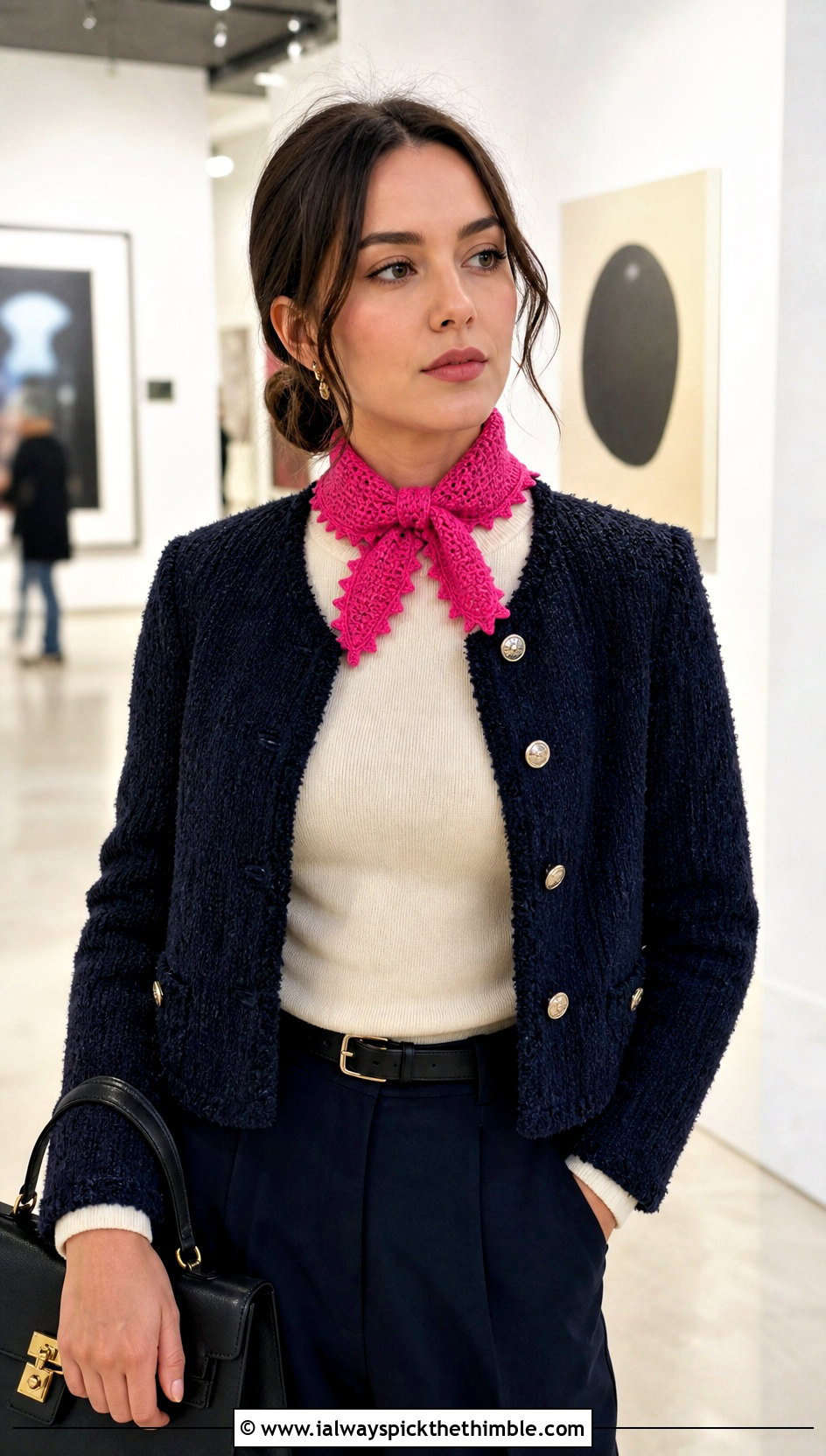 Picot Trim Crochet Sally Scarf With Tweed Jacket And Trousers - 20 Crochet Sally Scarf outfit ideas