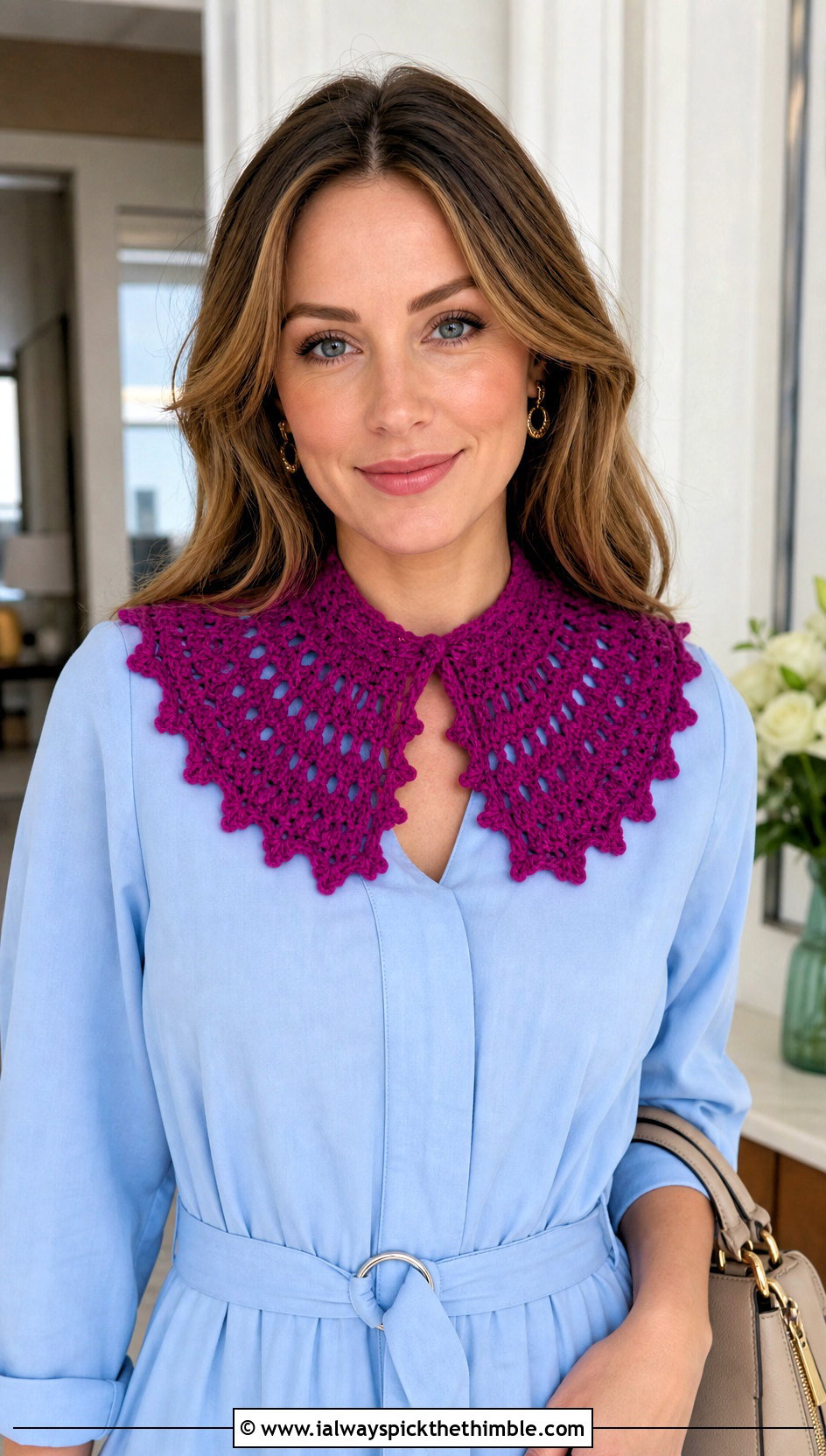Picot Trim Keyhole Crochet Scarf With Shirt Dress - 20 Keyhole Crochet Scarf outfit ideas