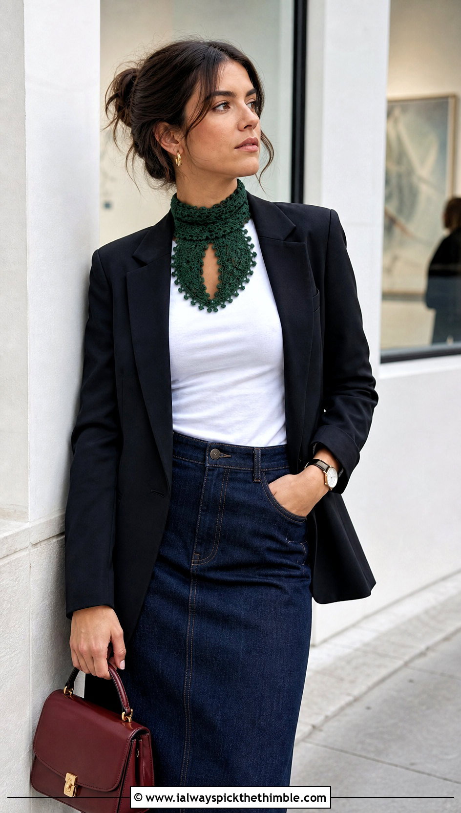 Picot Trim Keyhole Scarf With Blazer And Denim Skirt - 15 Crocheted Keyhole Scarf outfit ideas