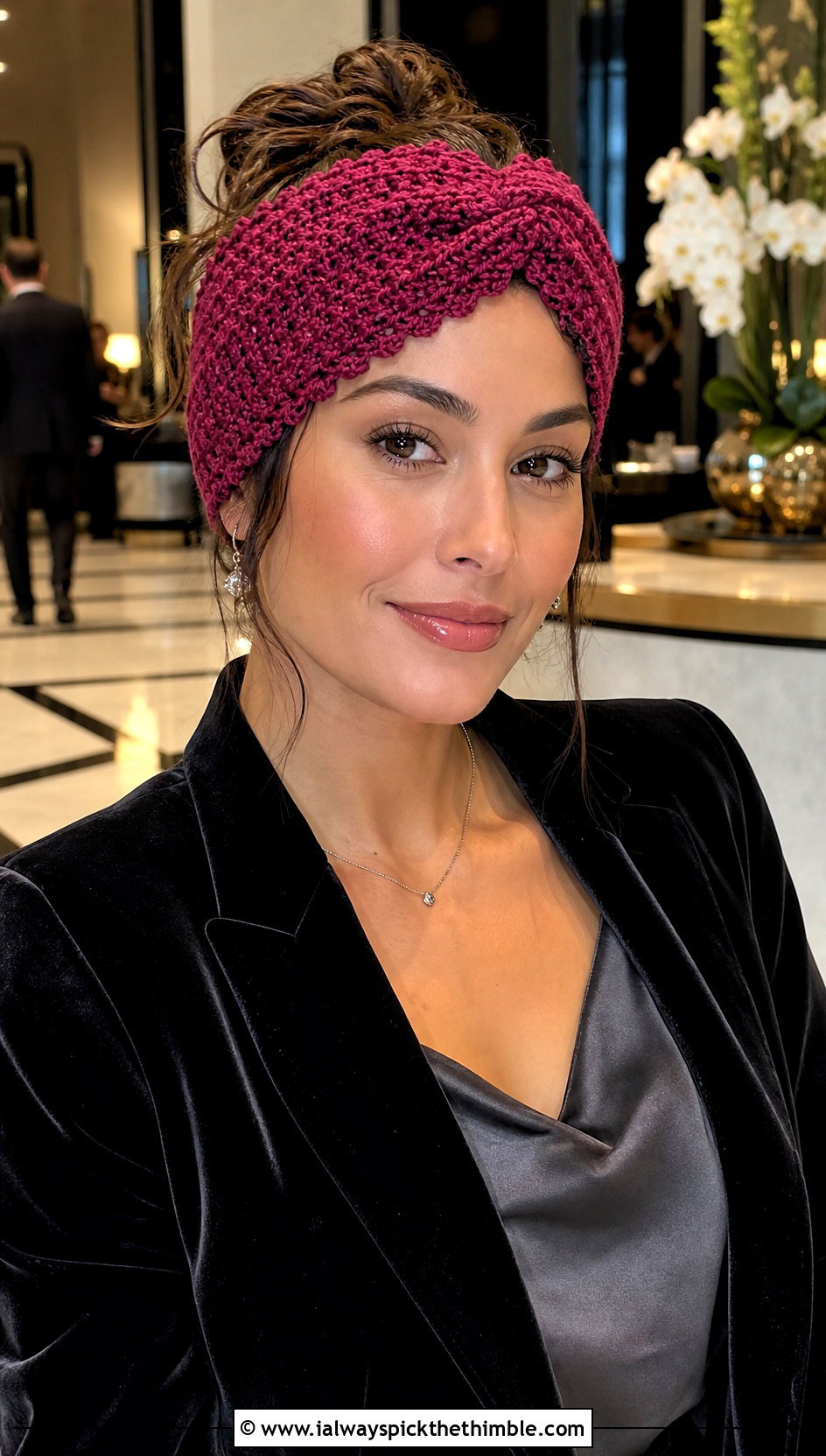 Picot Twist Crochet Winter Headband With Velvet Blazer - 15 crochet winter head band outfit ideas