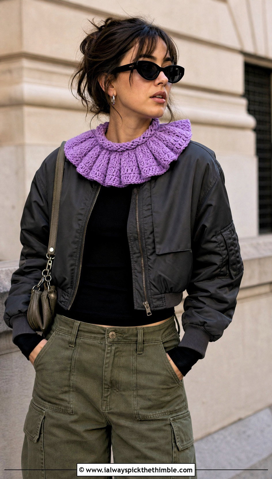 Pierrot Crochet Collar With Bomber Jacket And Cargo Pants - 15 Vintage Crochet Collar Design outfit ideas