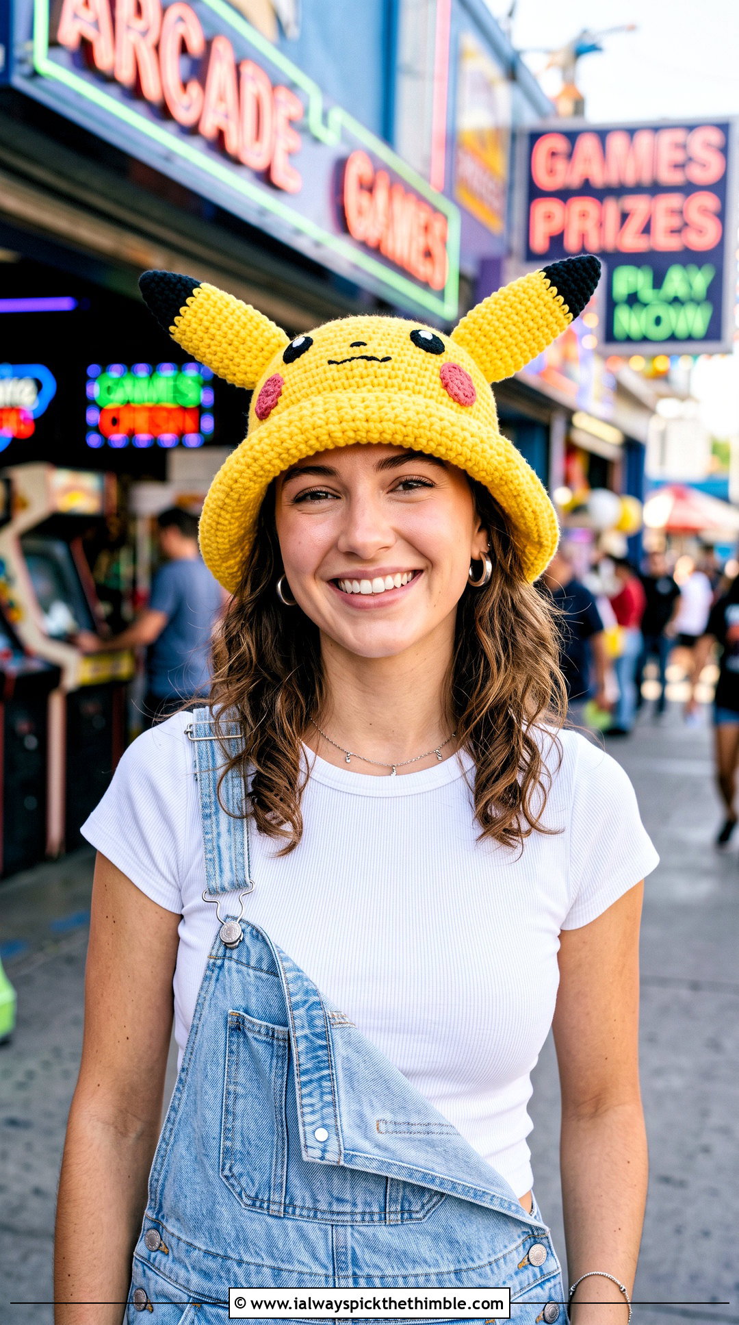 Pikachu Ear Crochet Bucket Hat With Denim Overalls - 15 Crochet Pokemon Bucket Hat outfit ideas
