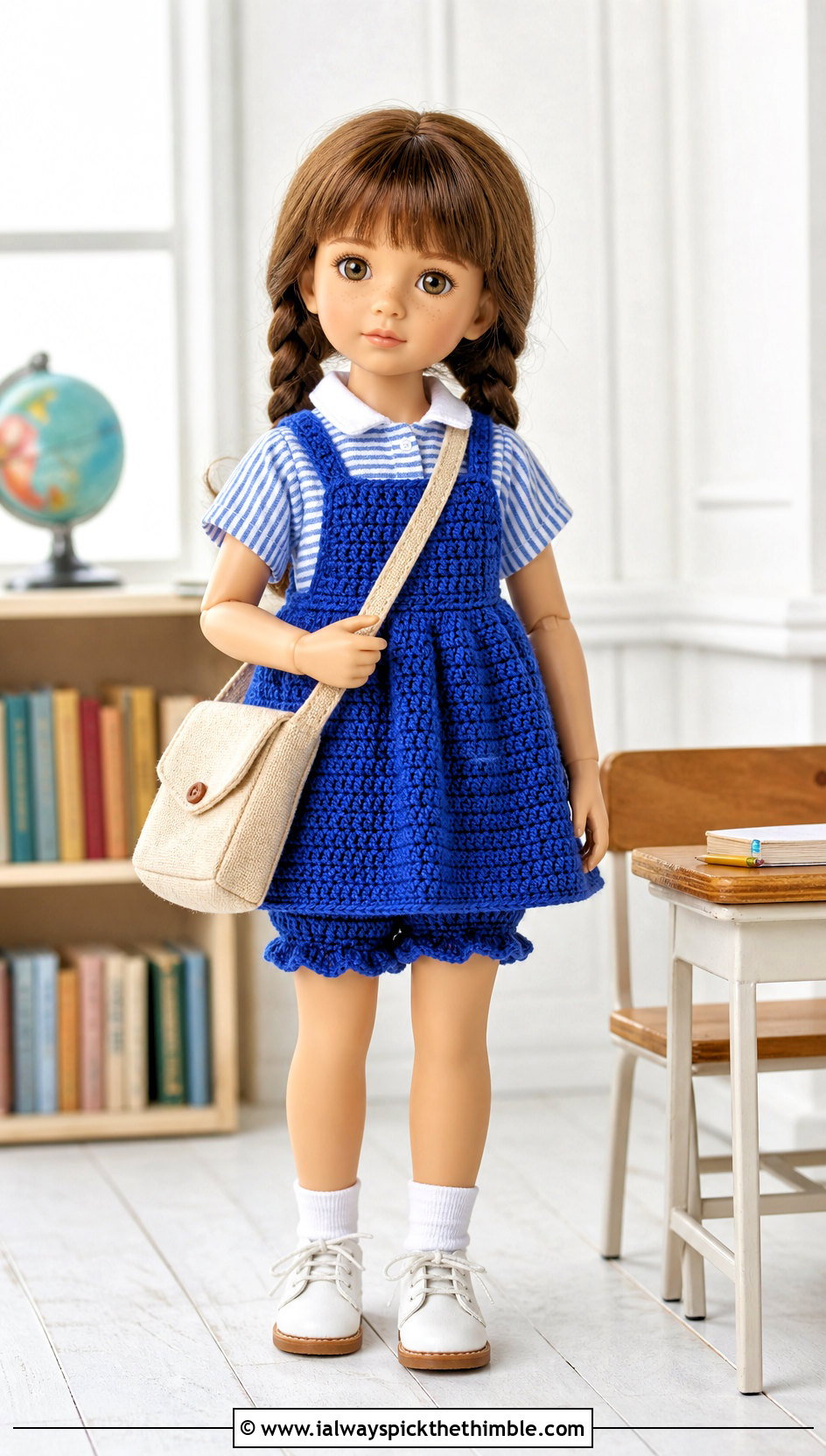 Pinafore Crochet Doll Dress And Ruffled Panties With Striped Shirt - 15 crochet doll dress & panties outfit ideas