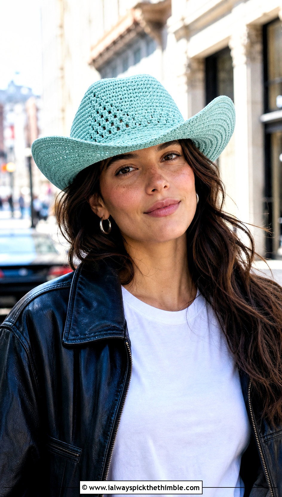 Pinch Front Crochet Cowboy Hat With Leather Jacket - 25 crochet cowboy hat outfit ideas